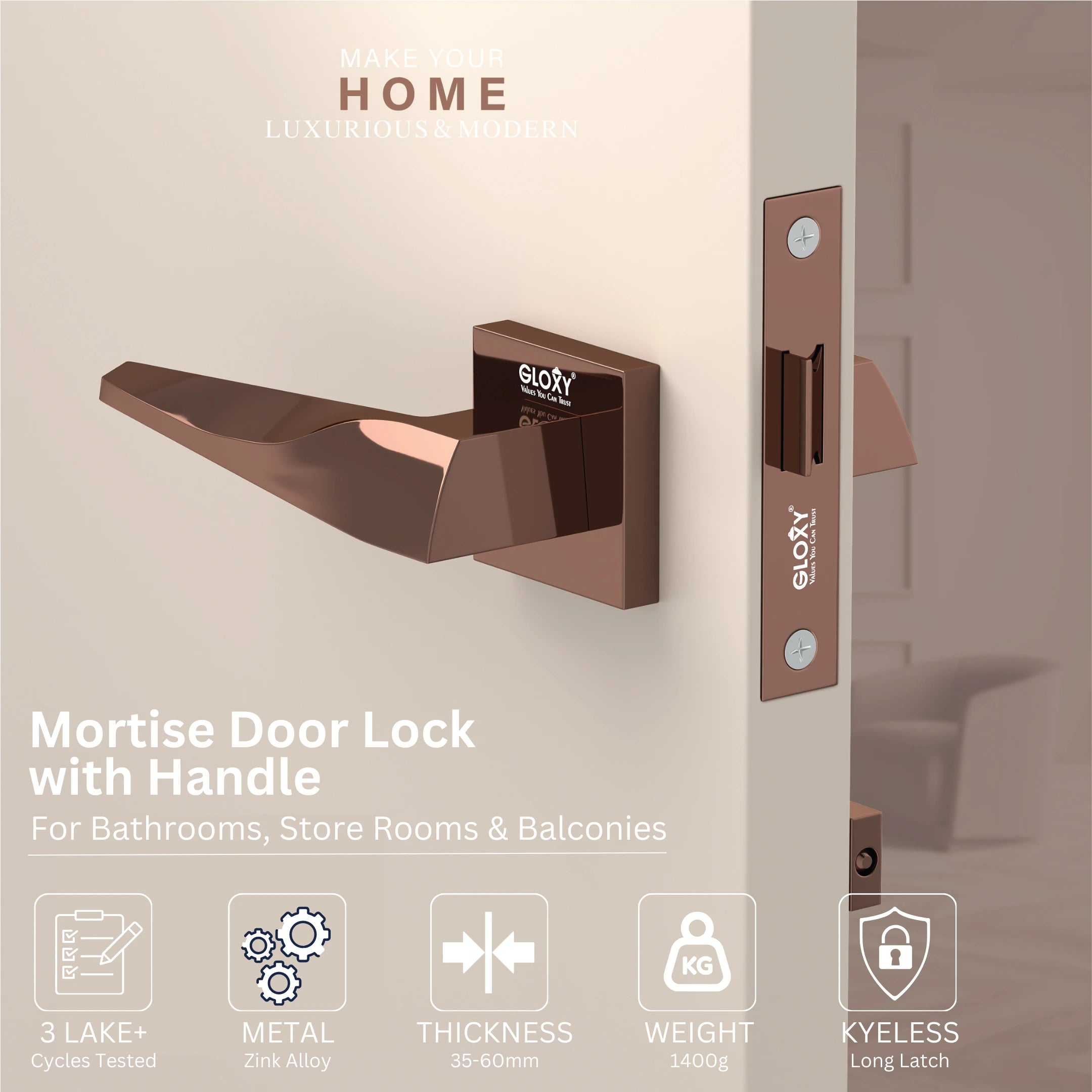GLOXY Brass Door Lock for Balcony Store Room Door Lock, Mortise Keyless Handle Set with Brass Baby Latch for Home,Office,Hotel |Rose Gold Finish (2 Years Warranty, Pack of 1)