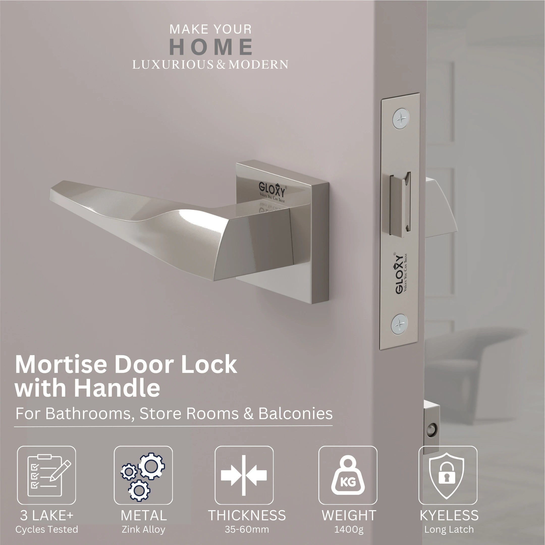 GLOXY Brass Door Lock for Balcony Store Room Door Lock, Mortise Keyless Handle Set with Brass Baby Latch for Home,Office,Hotel | Satin Chrome Finish (2 Years Warranty, Pack of 1)