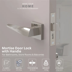 GLOXY Brass Door Lock for Balcony Store Room Door Lock, Mortise Keyless Handle Set with Brass Baby Latch for Home,Office,Hotel | Satin Chrome Finish (2 Years Warranty, Pack of 1)