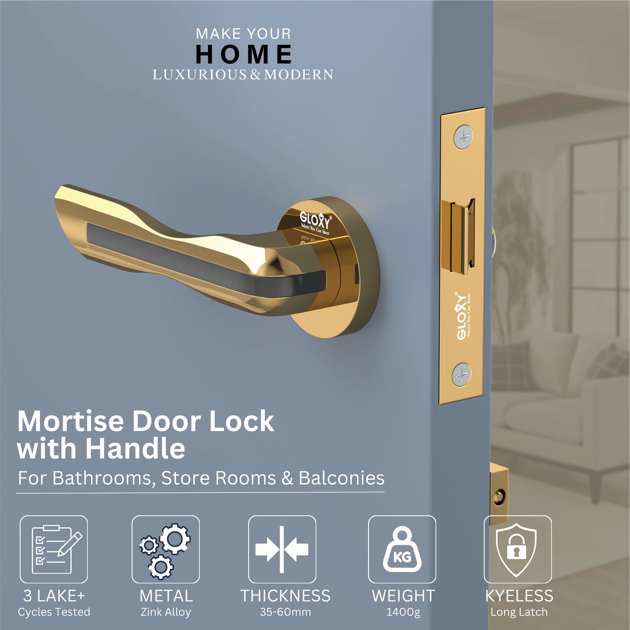 Gloxy Cavin Series Gold Finish Mortise Bathroom Door Latch Lock With Handle