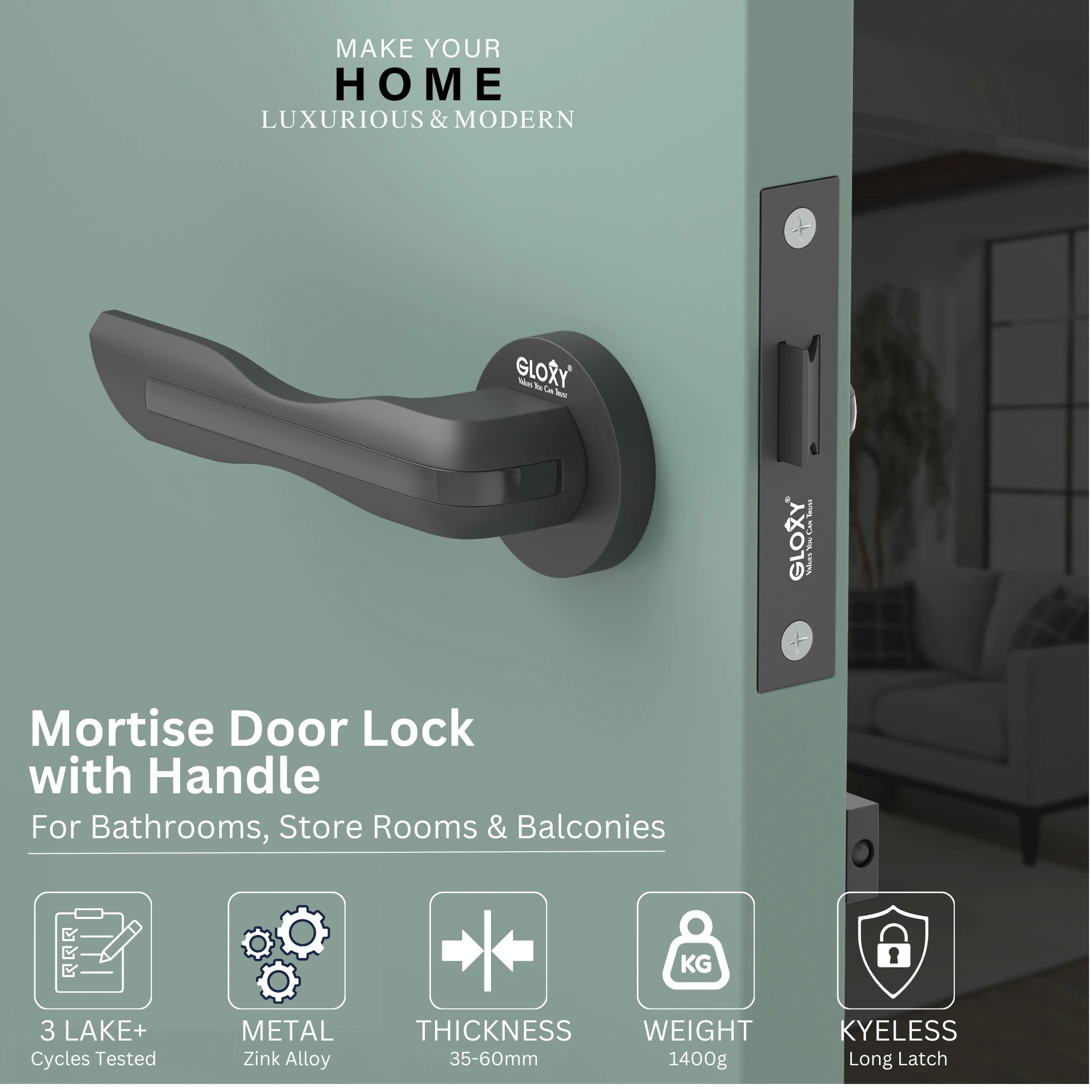 GLOXY Brass Door Lock for Balcony Store Room Door Lock, Mortise Keyless Handle Set with Brass Baby Latch for Home,Office,Hotel | Black Finish (2 Years Warranty, Pack of 1)