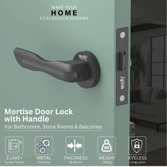 GLOXY Brass Door Lock for Balcony Store Room Door Lock, Mortise Keyless Handle Set with Brass Baby Latch for Home,Office,Hotel | Black Finish (2 Years Warranty, Pack of 1)