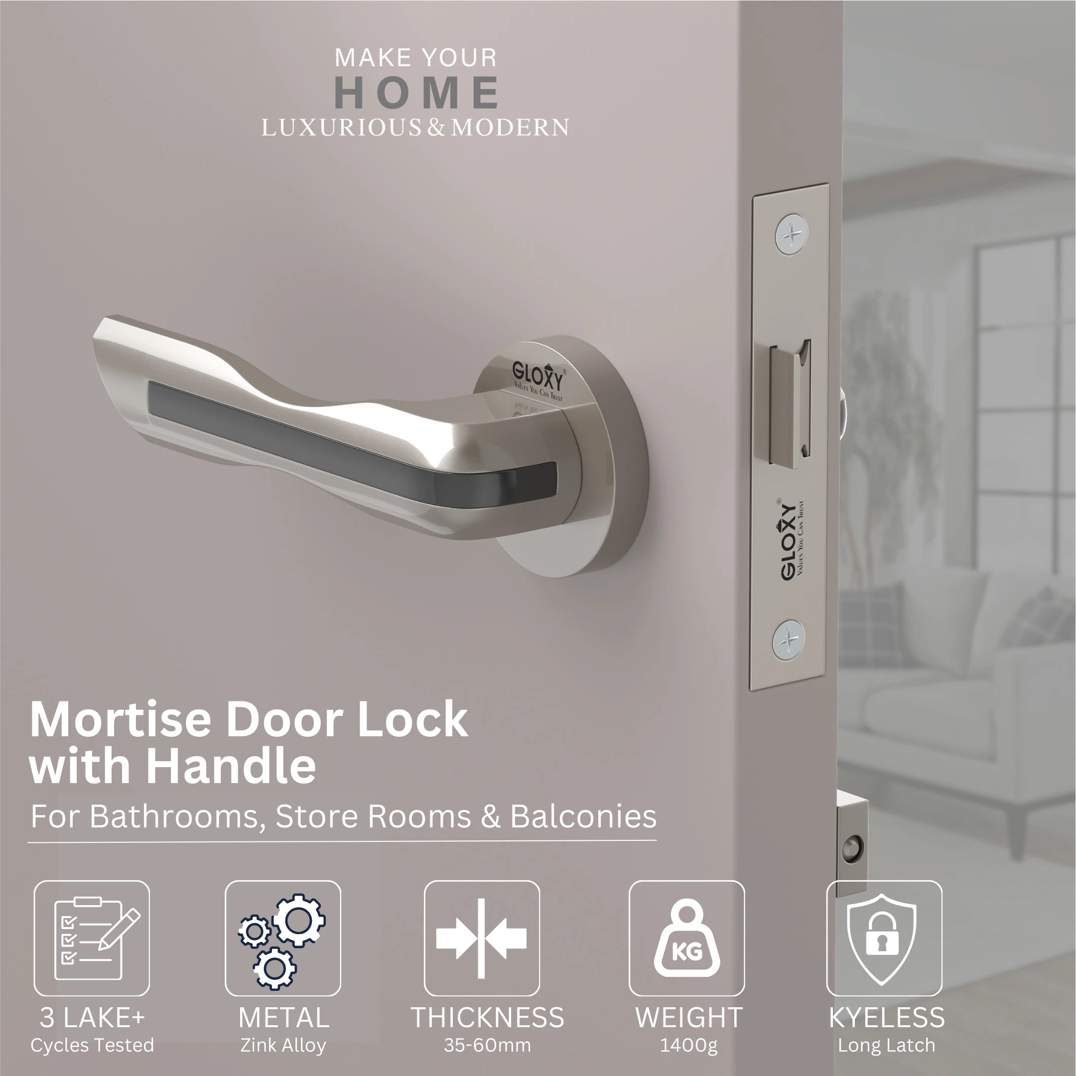 GLOXY Brass Door Lock for Balcony Store Room Door Lock, Mortise Keyless Handle Set with Brass Baby Latch for Home,Office,Hotel | Satin & Black Finish (2 Years Warranty, Pack of 1)