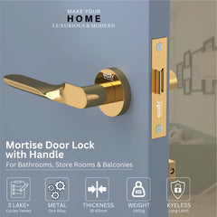 GLOXY Brass Door Lock for Balcony Store Room Door Lock, Mortise Keyless Handle Set with Brass Baby Latch for Home,Office,Hotel | Gold & Black Finish (2 Years Warranty, Pack of 1)