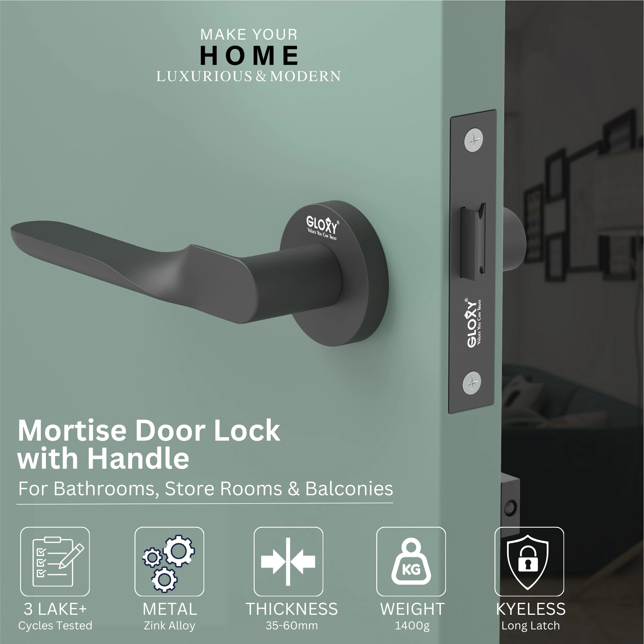GLOXY Brass Door Lock for Balcony Store Room Door Lock, Mortise Keyless Handle Set with Brass Baby Latch for Home,Office,Hotel | Black Finish (2 Years Warranty, Pack of 1)