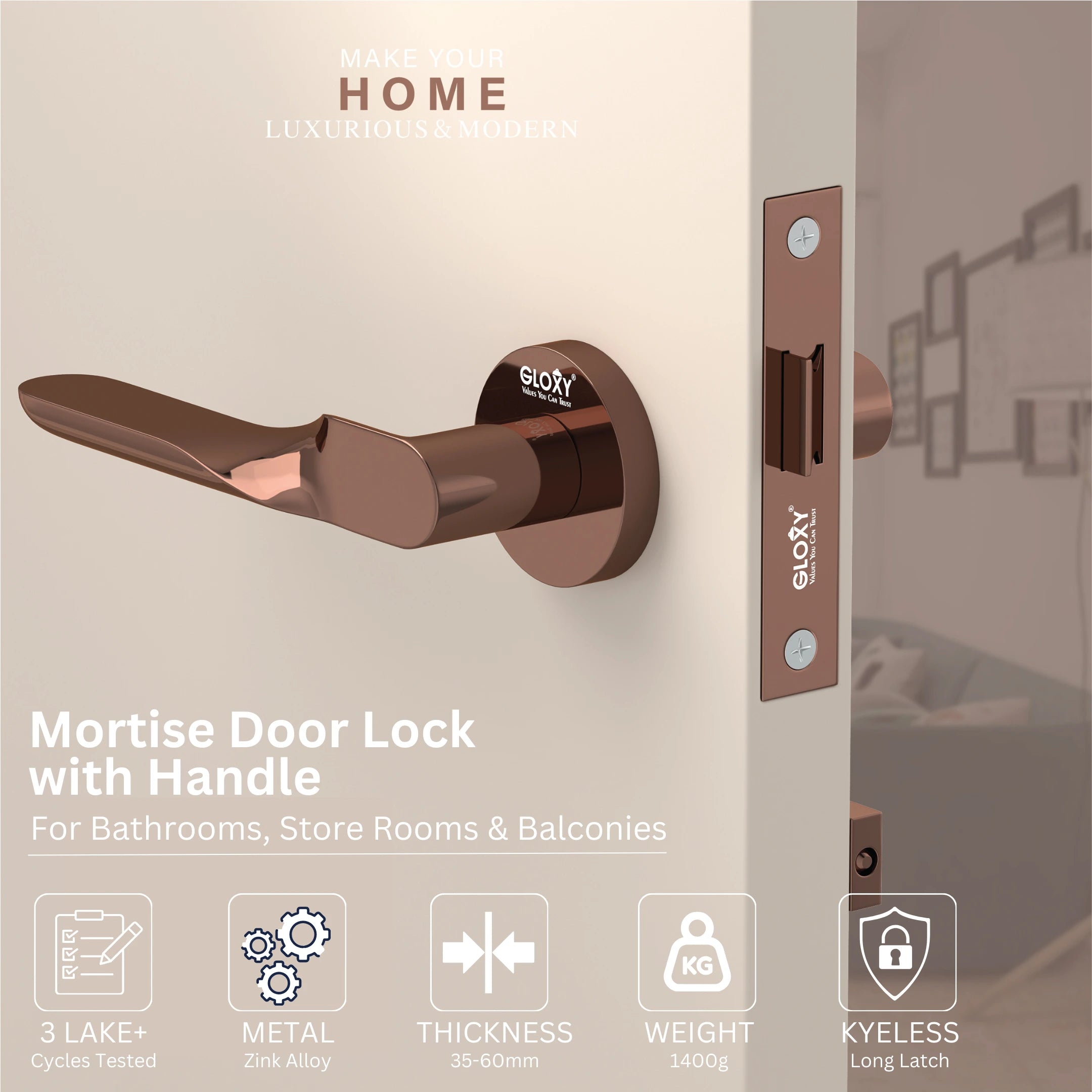 Gloxy Revok Series Rose Gold Finish Mortise Bathroom Door Latch Lock With Handle