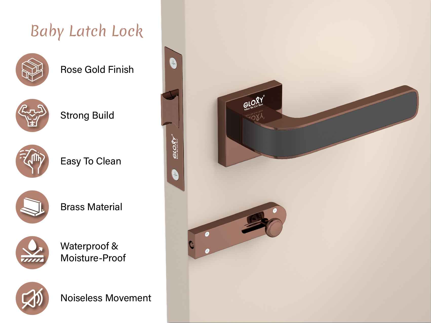 GLOXY Brass Door Lock for Balcony Store Room Door Lock, Mortise Keyless Handle Set with Brass Baby Latch for Home,Office,Hotel | Rose Gold & Black Finish (2 Years Warranty, Pack of 1)