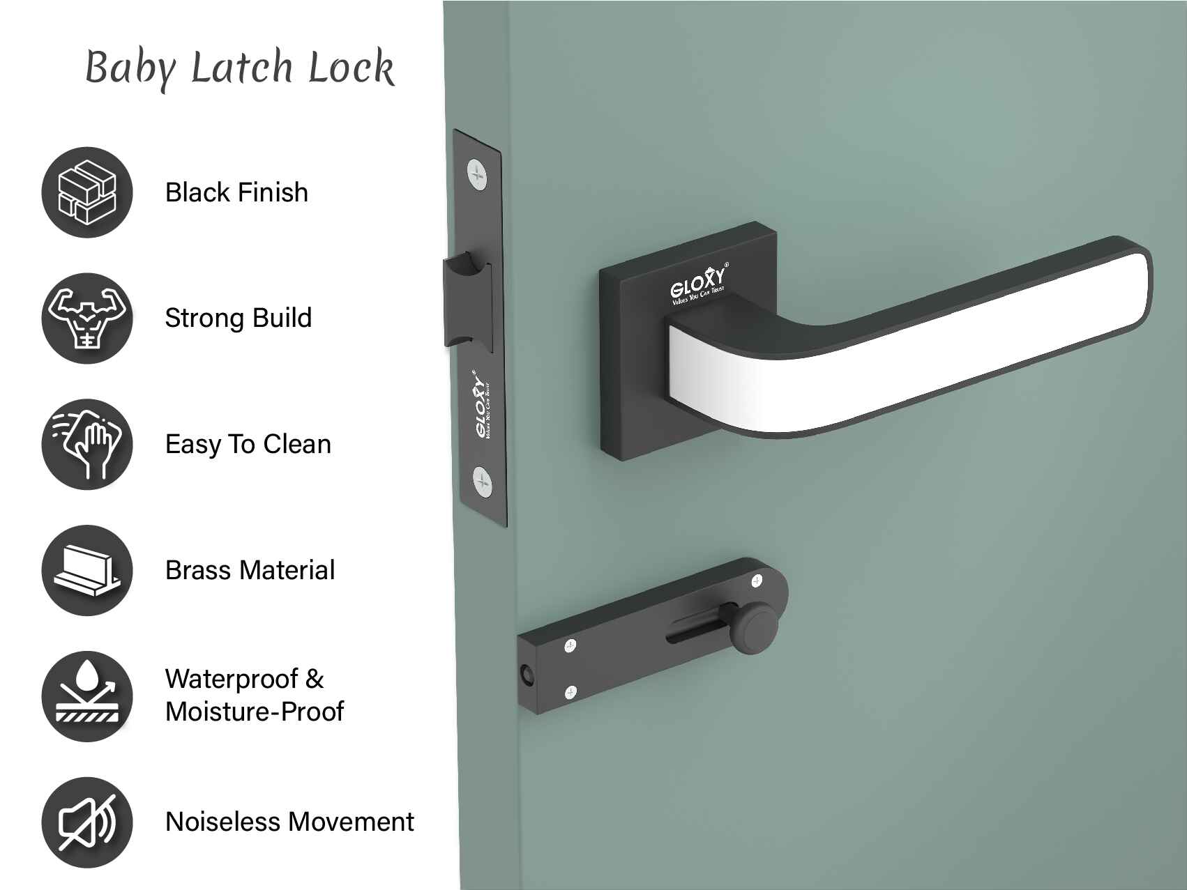 GLOXY Brass Door Lock for Balcony Store Room Door Lock, Mortise Keyless Handle Set with Brass Baby Latch for Home,Office,Hotel |  Black Finish (2 Years Warranty, Pack of 1)