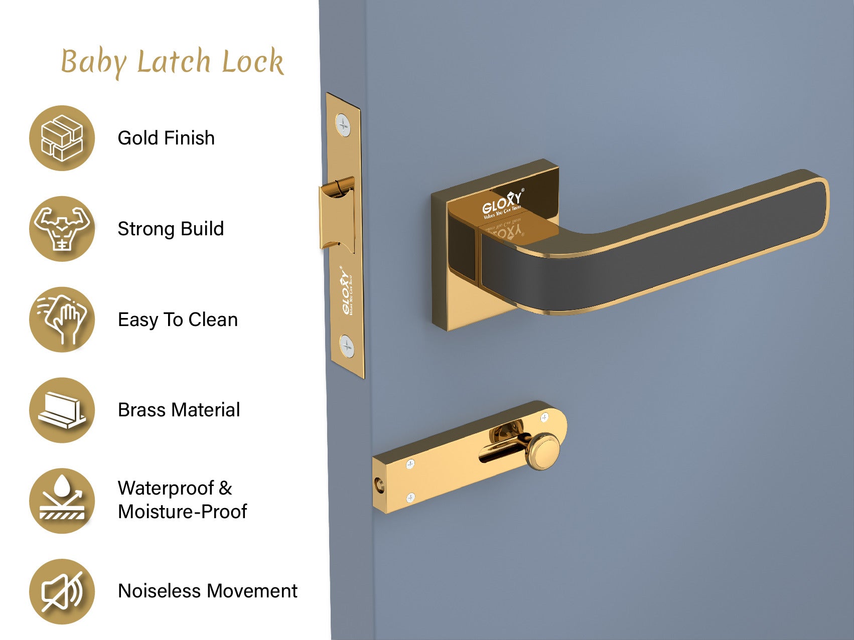 GLOXY Brass Door Lock for Balcony Store Room Door Lock, Mortise Keyless Handle Set with Brass Baby Latch for Home,Office,Hotel | Gold & Black Finish (2 Years Warranty, Pack of 1)