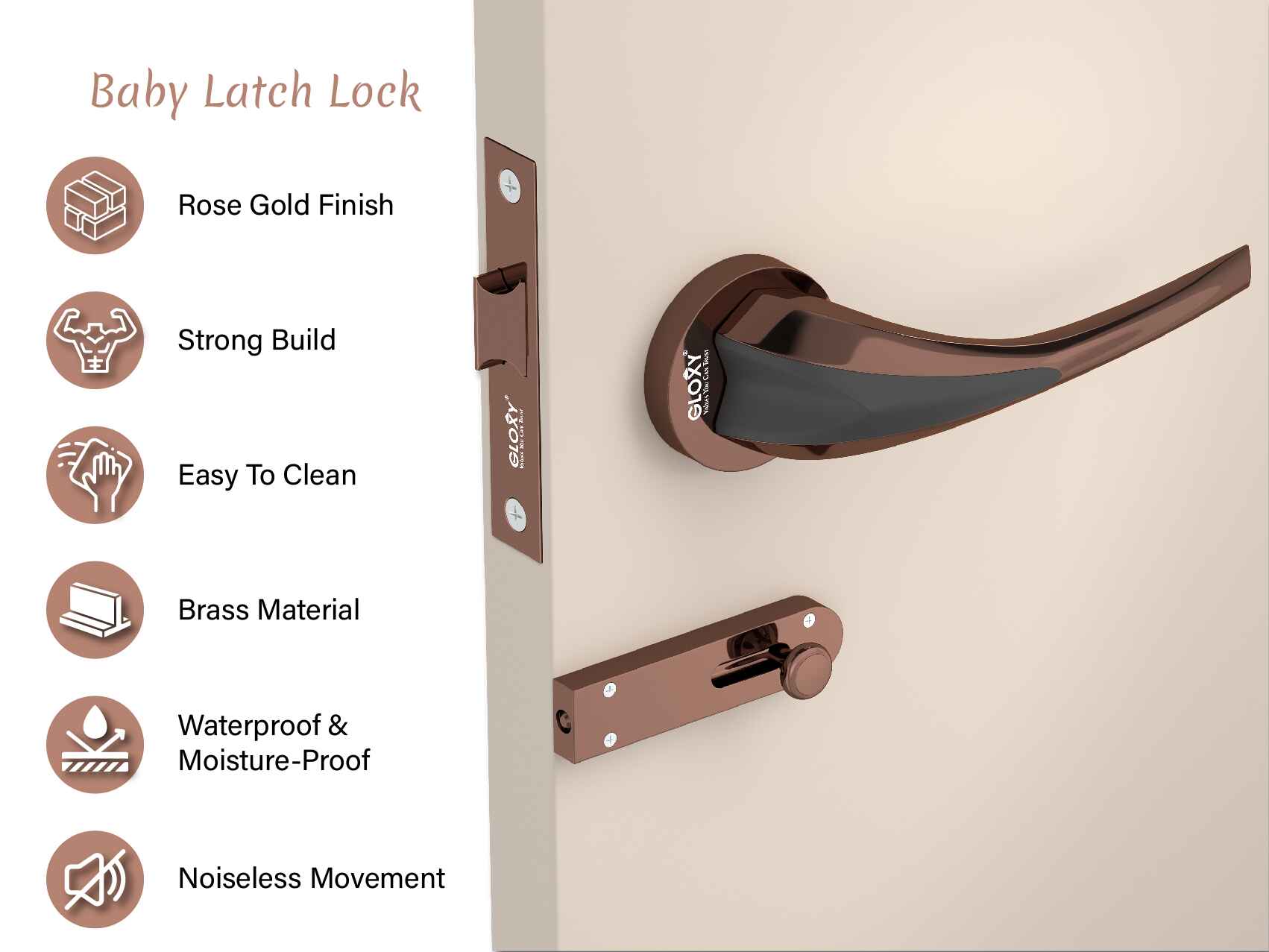 GLOXY Brass Door Lock for Balcony Store Room Door Lock, Mortise Keyless Handle Set with Brass Baby Latch for Home,Office,Hotel | Rose Gold & Black Finish (2 Years Warranty, Pack of 1)