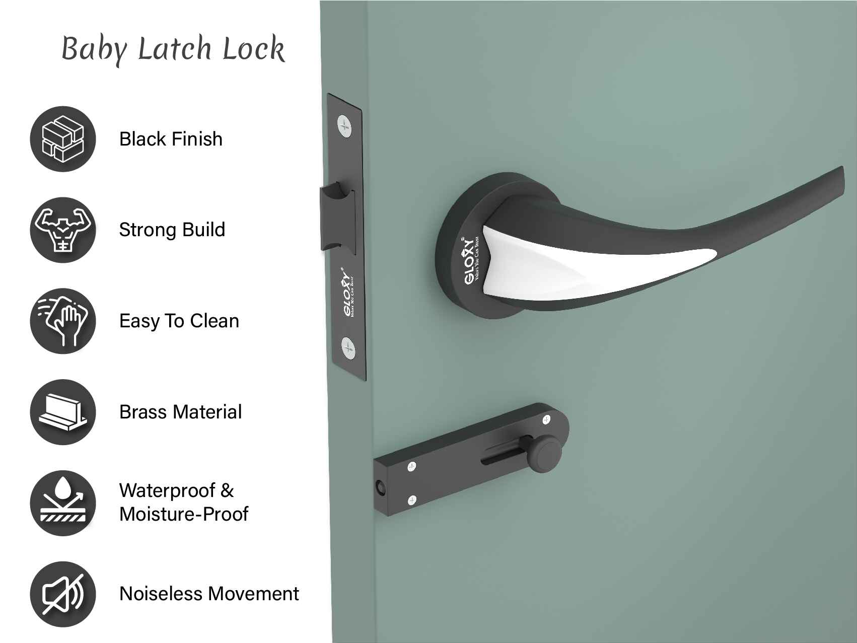 GLOXY Brass Door Lock for Balcony Store Room Door Lock, Mortise Keyless Handle Set with Brass Baby Latch for Home,Office,Hotel | Black & White Finish (2 Years Warranty, Pack of 1)