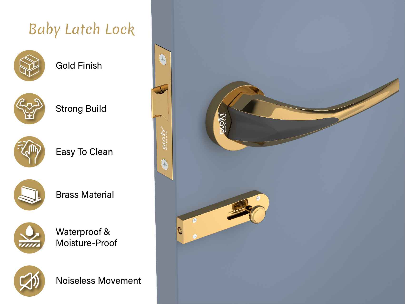 GLOXY Brass Door Lock for Balcony Store Room Door Lock, Mortise Keyless Handle Set with Brass Baby Latch for Home,Office,Hotel | Gold & Black Finish (2 Years Warranty, Pack of 1)