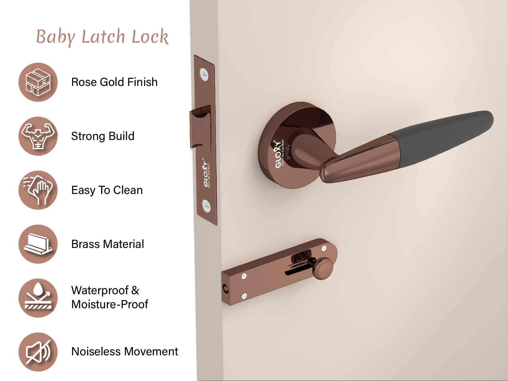 GLOXY Brass Door Lock for Balcony Store Room Door Lock, Mortise Keyless Handle Set with Brass Baby Latch for Home,Office,Hotel |Rose Gold & Black Finish (2 Years Warranty, Pack of 1)