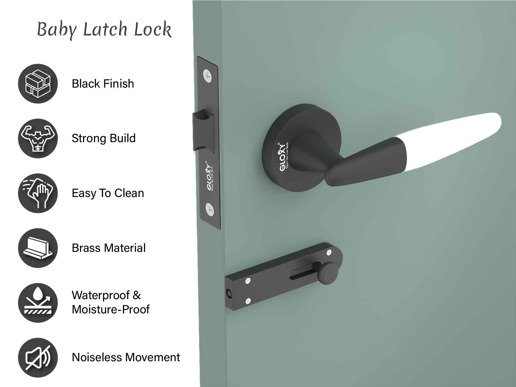 GLOXY Brass Door Lock for Balcony Store Room Door Lock, Mortise Keyless Handle Set with Brass Baby Latch for Home,Office,Hotel | White & Black Finish (2 Years Warranty, Pack of 1)