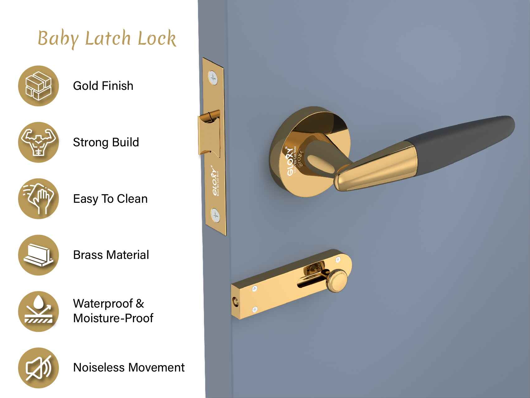 GLOXY Brass Door Lock for Balcony Store Room Door Lock, Mortise Keyless Handle Set with Brass Baby Latch for Home,Office,Hotel | Gold & Black Finish (2 Years Warranty, Pack of 1)