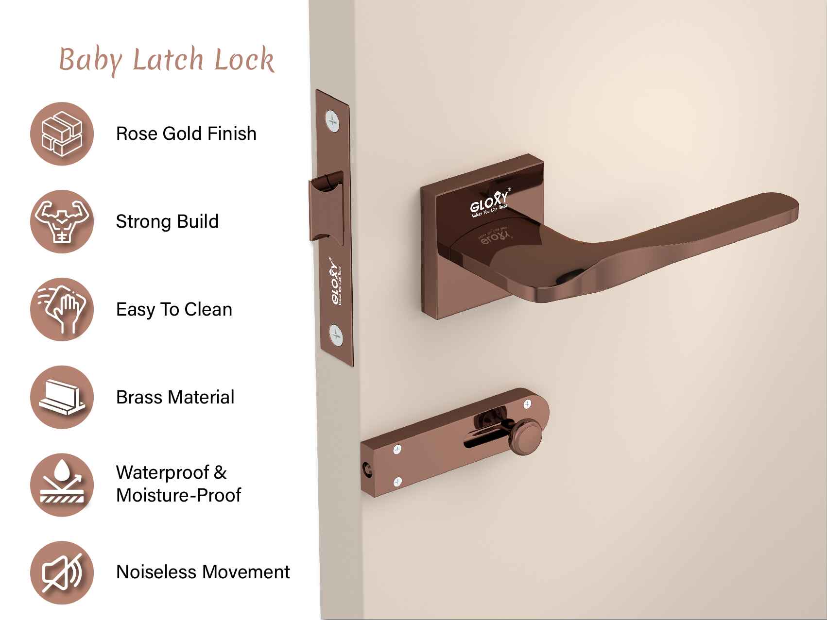 GLOXY Mortise Tower Bolt Door Lock Set for Bathroom, Mortise Door Lock Handle Set for Balcony, Keyless Pull Lock Handle Set for Kitchen |Rose Gold Finish (2 Years Warranty, Pack of 1)