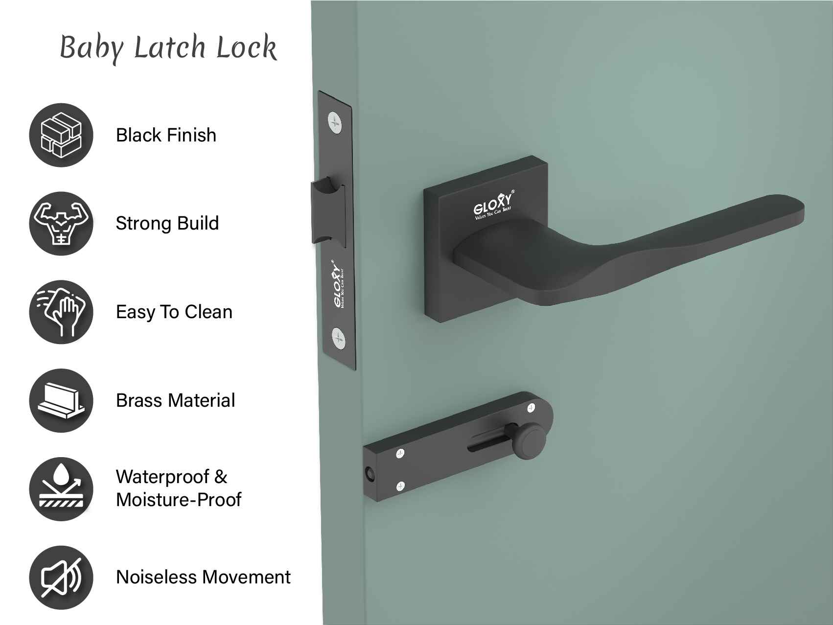 GLOXY Brass Door Lock for Balcony Store Room Door Lock, Mortise Keyless Handle Set with Brass Baby Latch for Home,Office,Hotel | Gold & Black Finish (2 Years Warranty, Pack of 1)