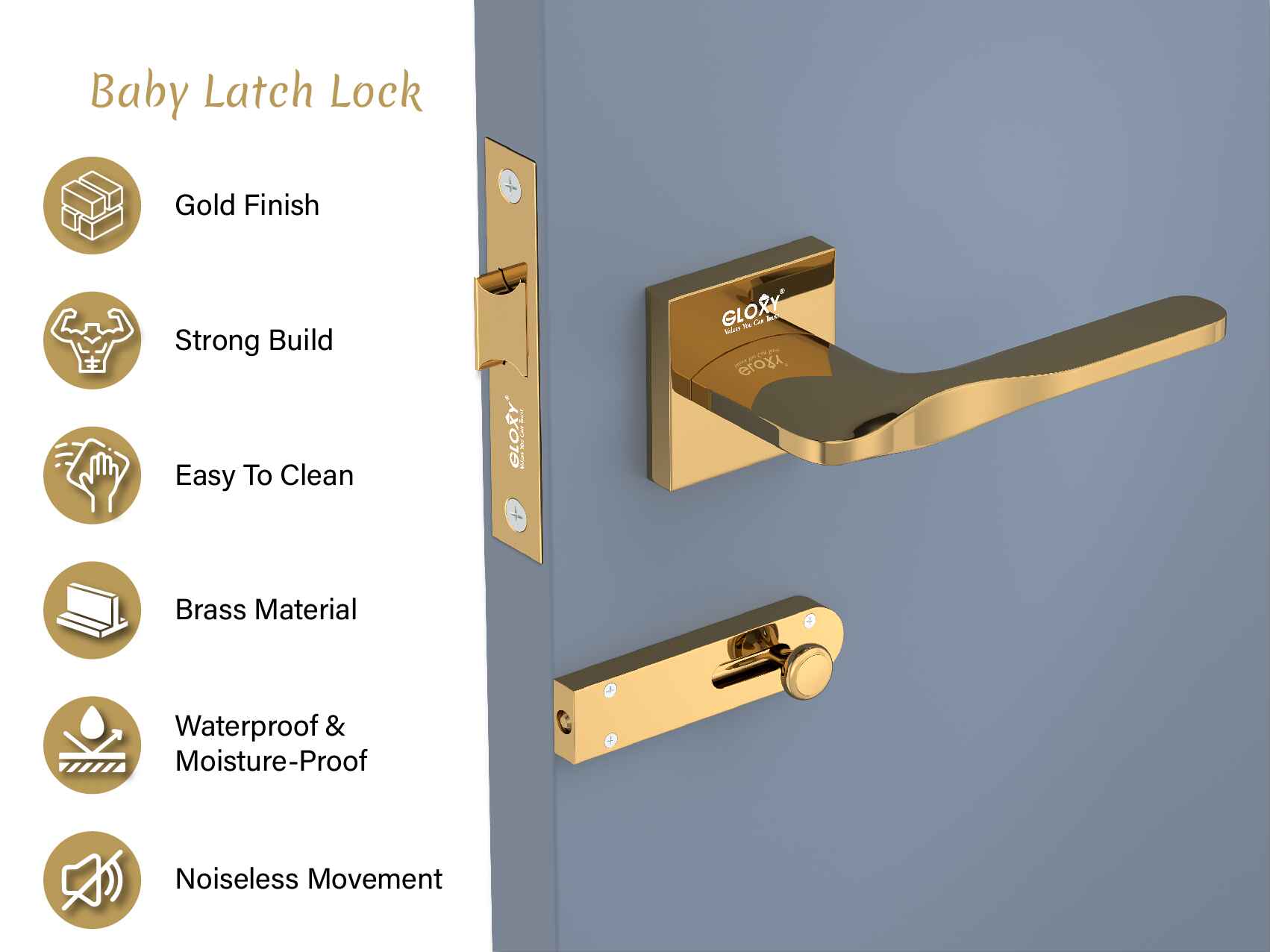 GLOXY Mortise Baby Latch Door Lock Set for Bathroom, Mortise Door Lock Handle Set for Balcony, Tower Bolt Lock Handle Set for Storeroom |Gold Finish (2 Years Warranty, Pack of 1)