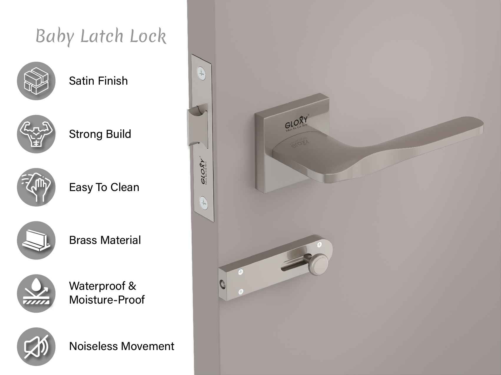 GLOXY Brass Door Lock for Balcony Store Room Door Lock, Mortise Keyless Handle Set with Brass Baby Latch for Home,Office,Hotel | Satin Chrome Finish (2 Years Warranty, Pack of 1)