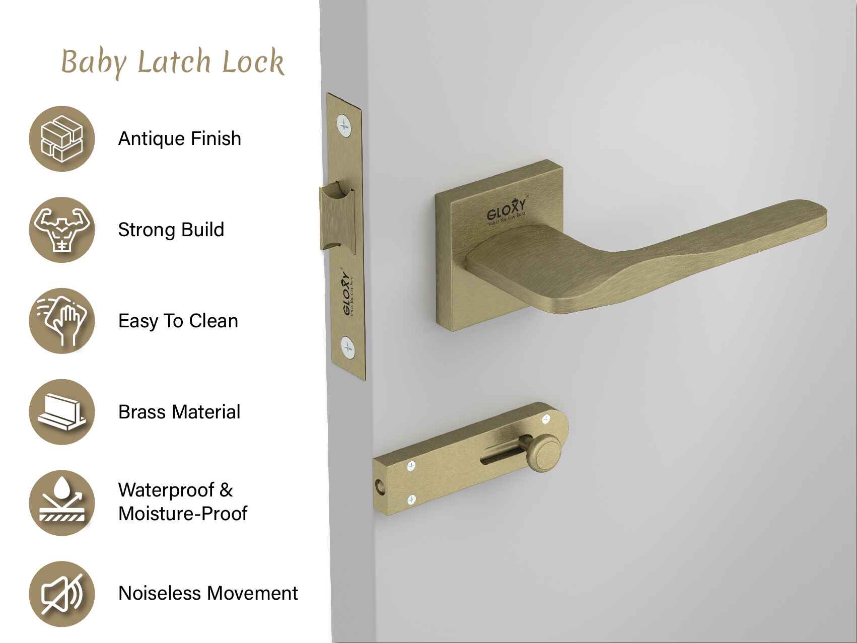 GLOXY Brass Door Lock for Balcony Store Room Door Lock, Mortise Keyless Handle Set with Brass Baby Latch for Home,Office,Hotel | Antique Finish (2 Years Warranty, Pack of 1)