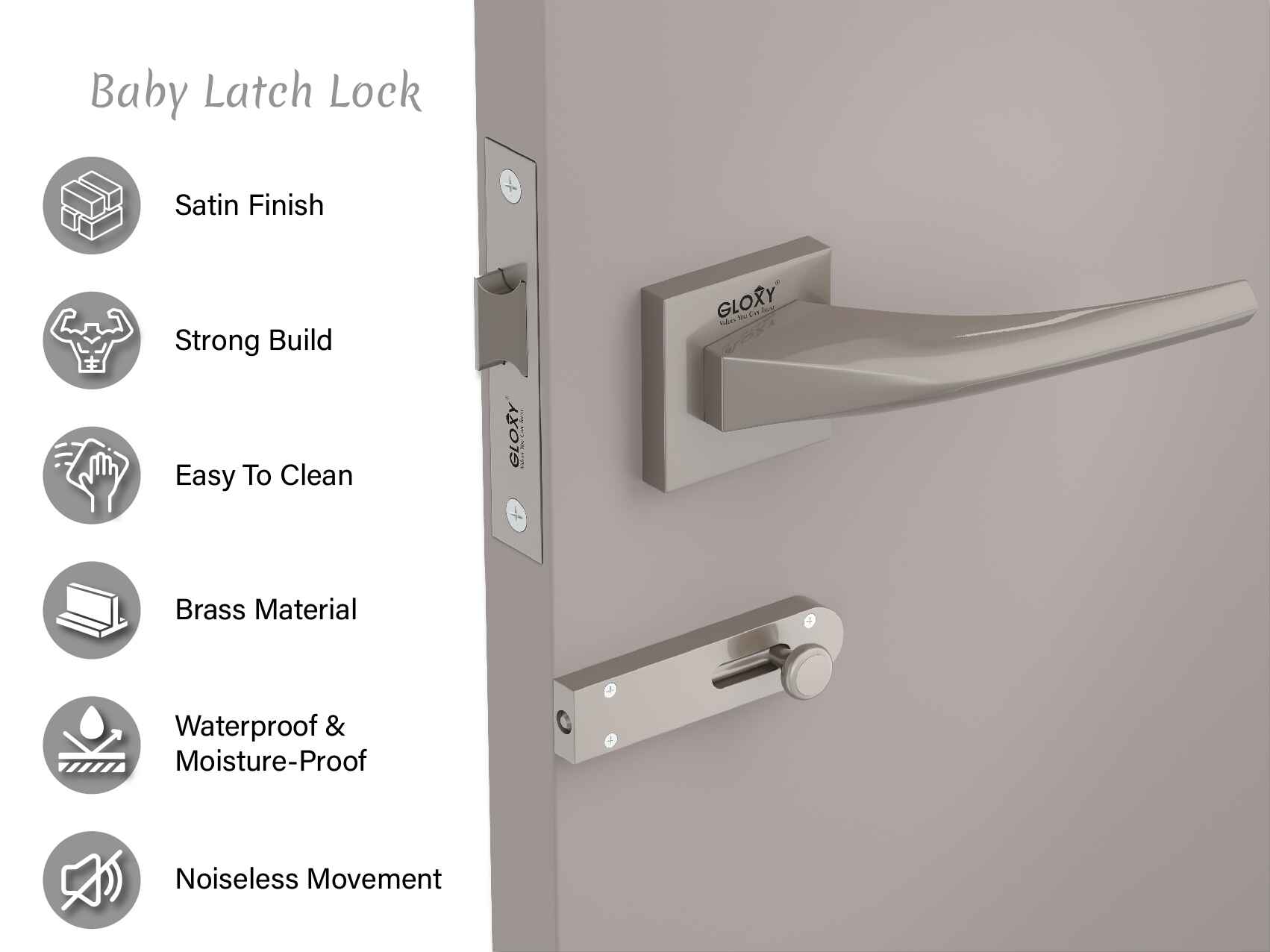 GLOXY Brass Door Lock for Balcony Store Room Door Lock, Mortise Keyless Handle Set with Brass Baby Latch for Home,Office,Hotel | Satin Chrome Finish (2 Years Warranty, Pack of 1)