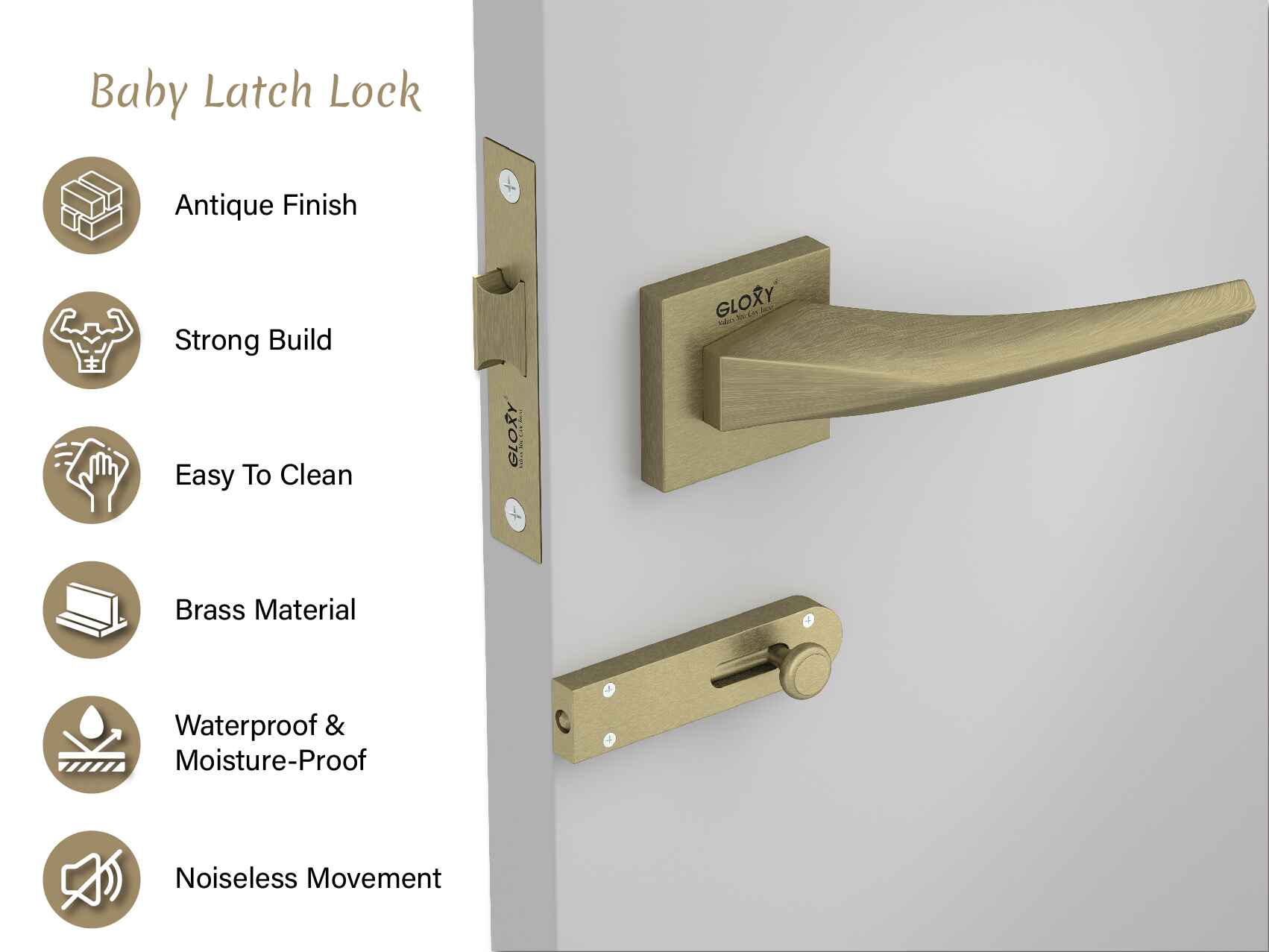 GLOXY Brass Door Lock for Balcony Store Room Door Lock, Mortise Keyless Handle Set with Brass Baby Latch for Home,Office,Hotel | Antique Finish (2 Years Warranty, Pack of 1)