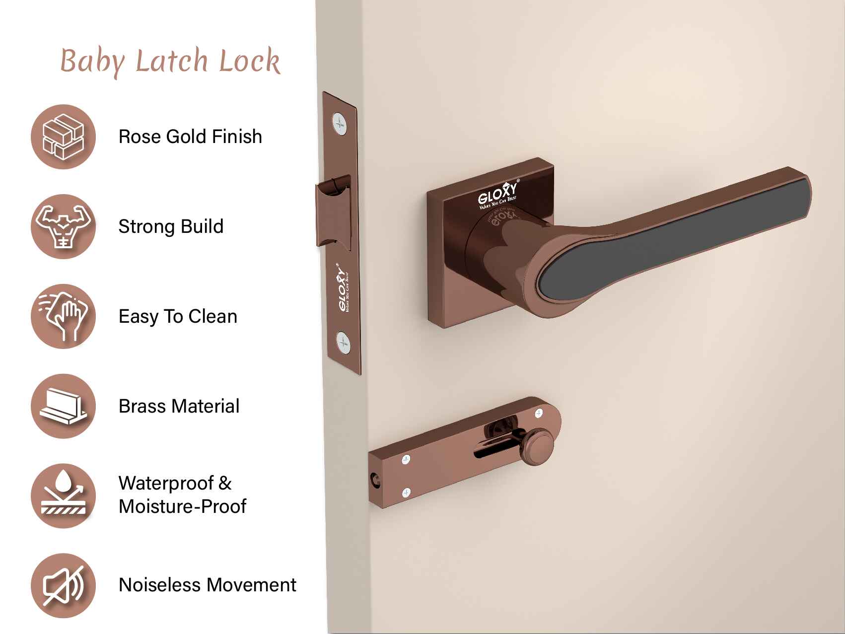 GLOXY Brass Door Lock for Balcony Store Room Door Lock, Mortise Keyless Handle Set with Brass Baby Latch for Home,Office,Hotel | Rose Gold & Black Finish (2 Years Warranty, Pack of 1)