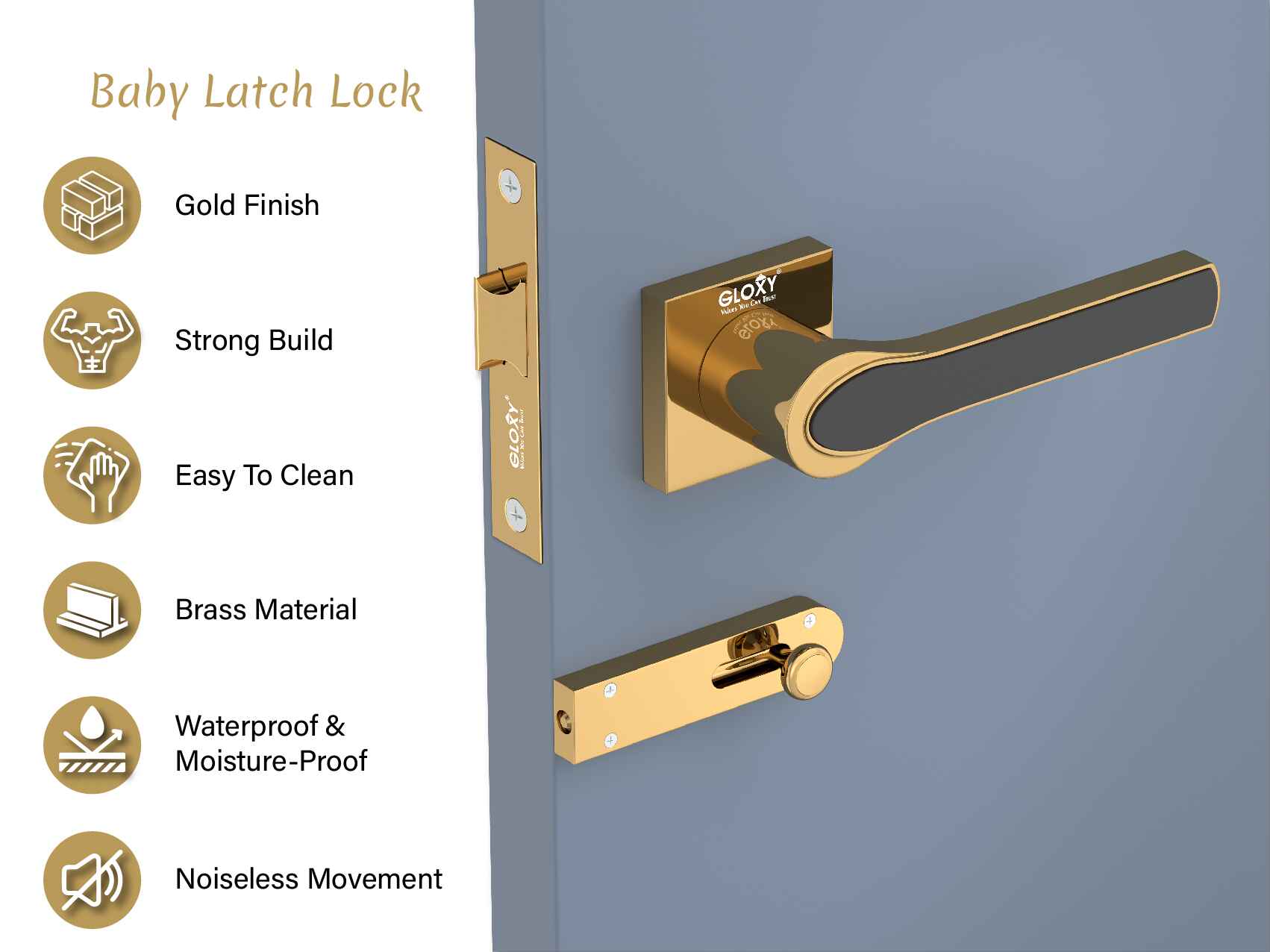 GLOXY Brass Door Lock for Balcony Store Room Door Lock, Mortise Keyless Handle Set with Brass Baby Latch for Home,Office,Hotel | Gold & Black Finish (2 Years Warranty, Pack of 1)