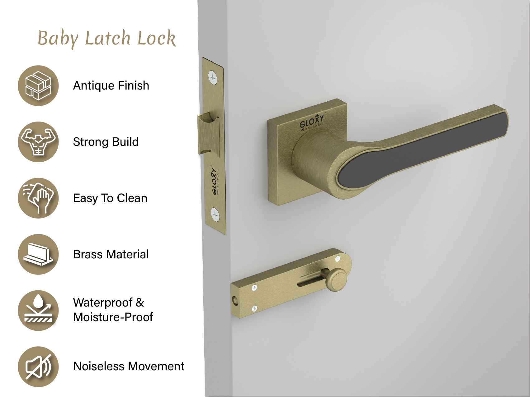 GLOXY Brass Door Lock for Balcony Store Room Door Lock, Mortise Keyless Handle Set with Brass Baby Latch for Home,Office,Hotel | Antique & Black Finish (2 Years Warranty, Pack of 1)