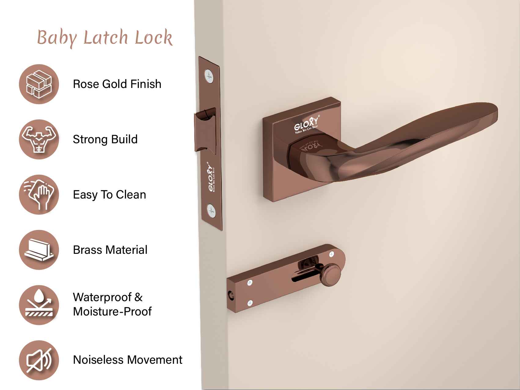 Gloxy Mortise Baby Latch Locks for Bathroom Door Lock, Balcony Store Room Door Lock, Mortise Keyless Handle Set with Brass Baby Latch for All Door| Rose Gold Finish (2 Years Warranty, Pack of 1)