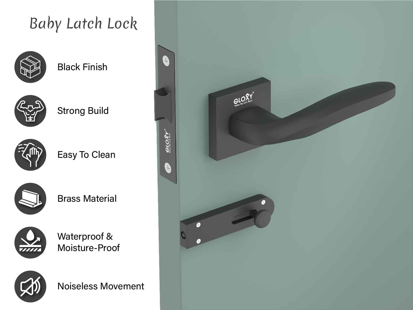 Gloxy Mortise Baby Latch Locks for Bathroom Door Lock, Balcony Store Room Door Lock, Mortise Keyless Handle Set with Brass Baby Latch for All Door| Black Finish (2 Years Warranty, Pack of 1)