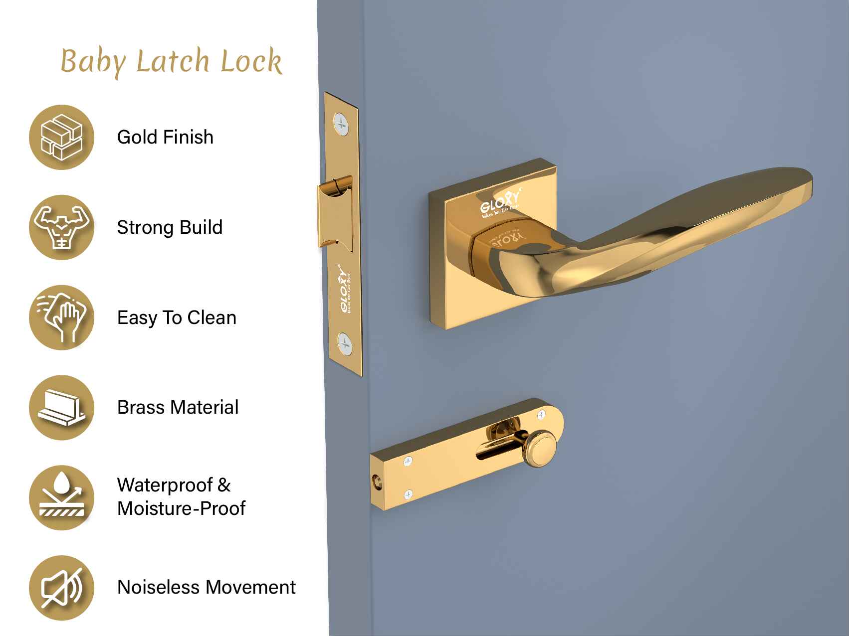 Gloxy Mortise Baby Latch Locks for Bathroom Door Lock, Balcony Store Room Door Lock, Mortise Keyless Handle Set with Brass Baby Latch for All Door| Gold Finish (2 Years Warranty, Pack of 1)