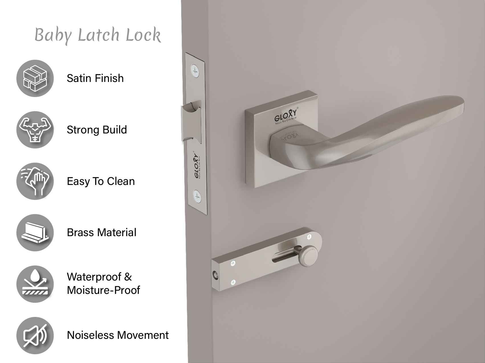 GLOXY Brass Door Lock for Balcony Store Room Door Lock, Mortise Keyless Handle Set with Brass Baby Latch for Home,Office,Hotel | Satin Chrome Finish (2 Years Warranty, Pack of 1)