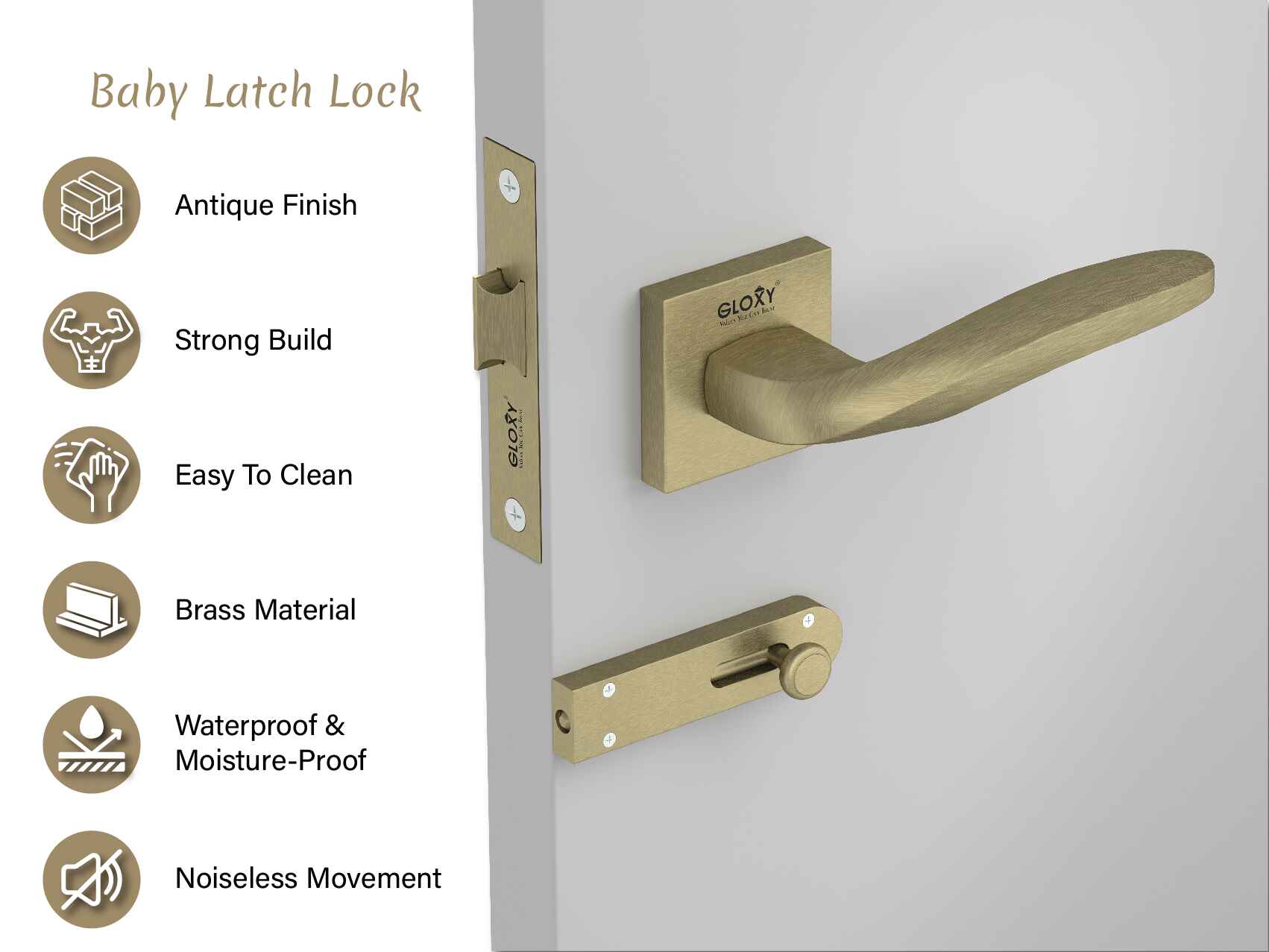 GLOXY Brass Door Lock for Balcony Store Room Door Lock, Mortise Keyless Handle Set with Brass Baby Latch for Home,Office,Hotel | Antique Finish (2 Years Warranty, Pack of 1)