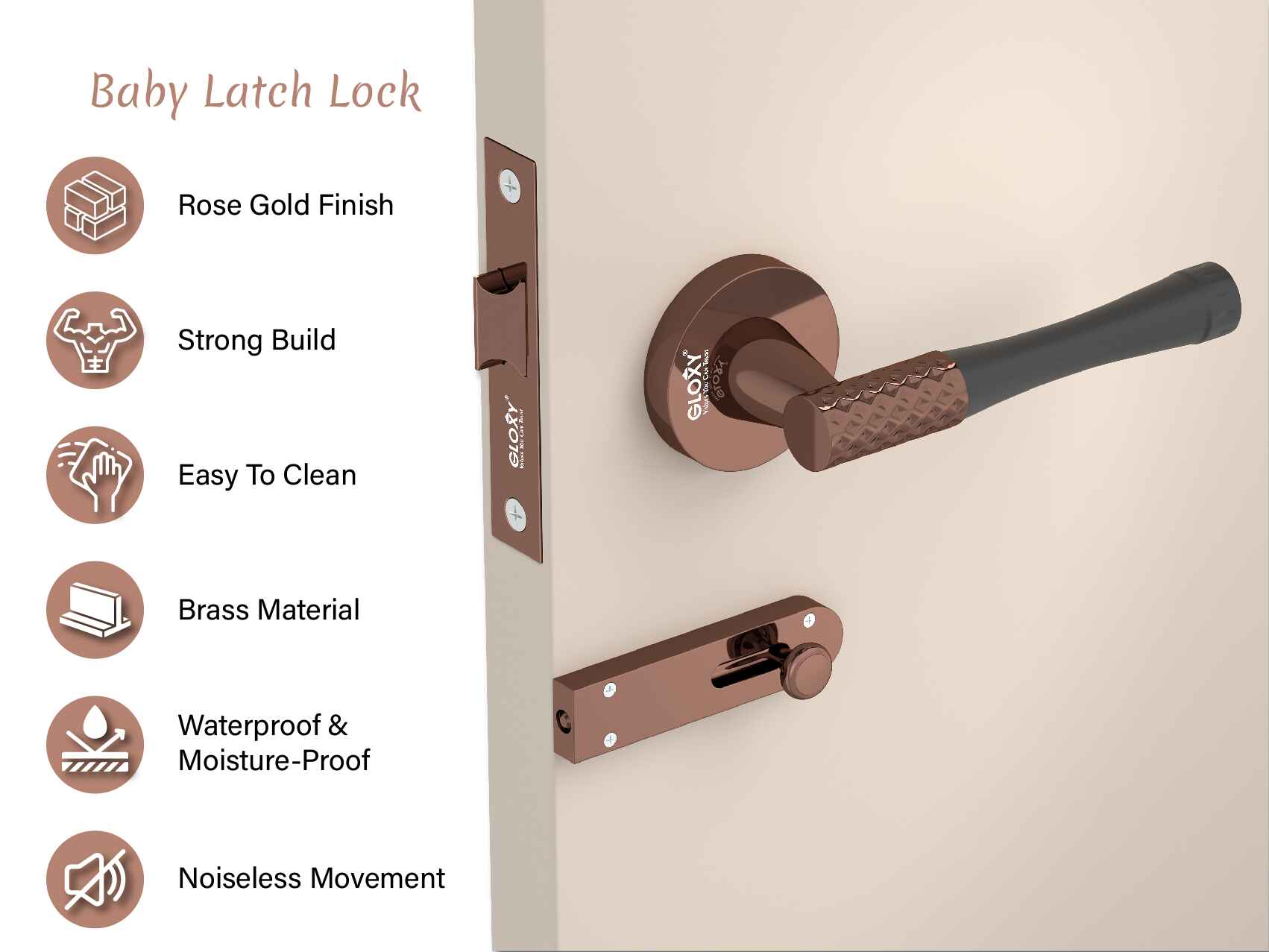 GLOXY Brass Door Lock for Balcony Store Room Door Lock, Mortise Keyless Handle Set with Brass Baby Latch for Home,Office,Hotel | Rose Gold & Black Finish (2 Years Warranty, Pack of 1)