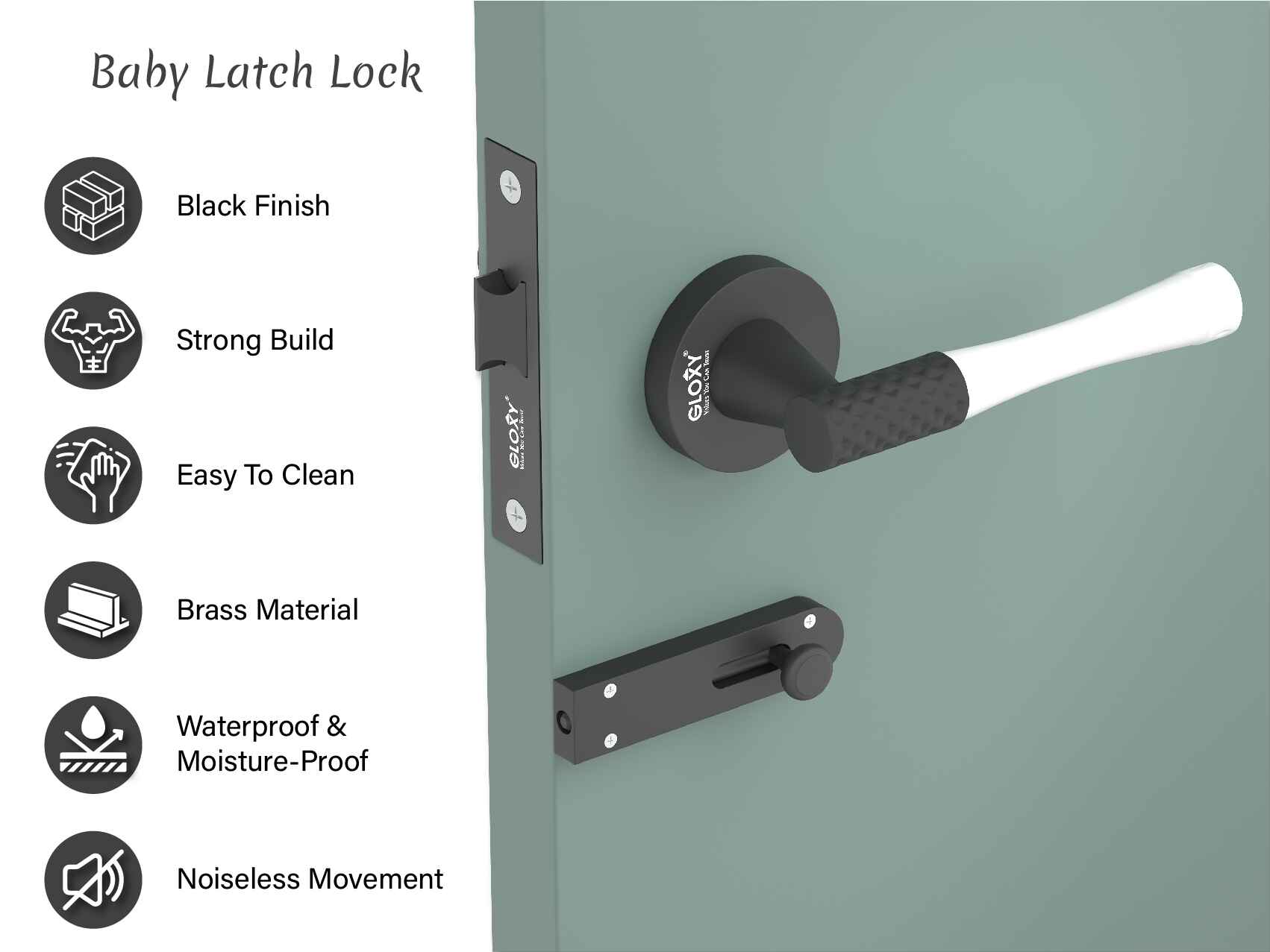 GLOXY Brass Door Lock for Balcony Store Room Door Lock, Mortise Keyless Handle Set with Brass Baby Latch for Home,Office,Hotel | Black & White Finish (2 Years Warranty, Pack of 1)