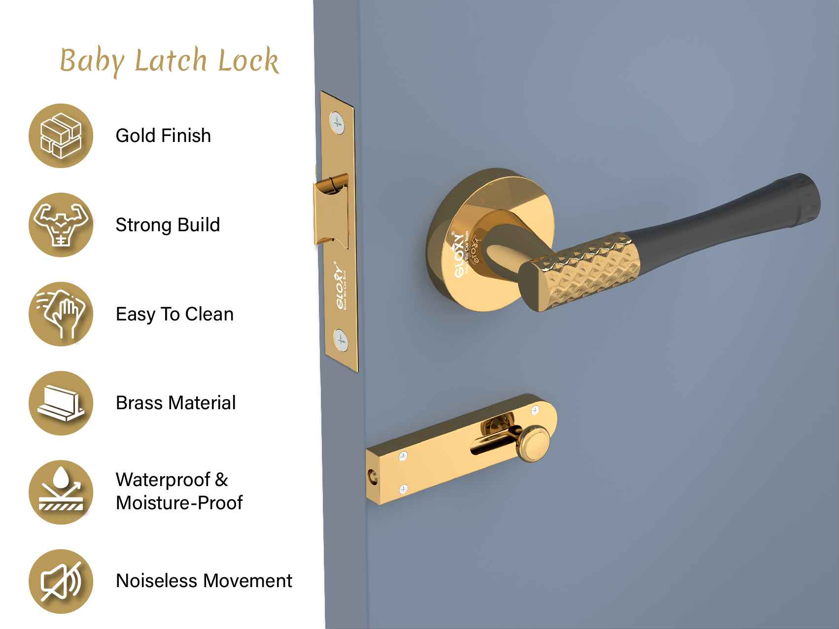 GLOXY Brass Door Lock for Balcony Store Room Door Lock, Mortise Keyless Handle Set with Brass Baby Latch for Home,Office,Hotel | Gold & Black Finish (2 Years Warranty, Pack of 1)