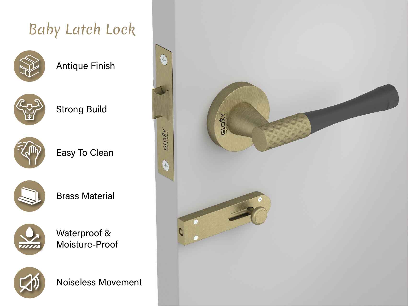 GLOXY Brass Door Lock for Balcony Store Room Door Lock, Mortise Keyless Handle Set with Brass Baby Latch for Home,Office,Hotel | Antique & Black Finish (2 Years Warranty, Pack of 1)