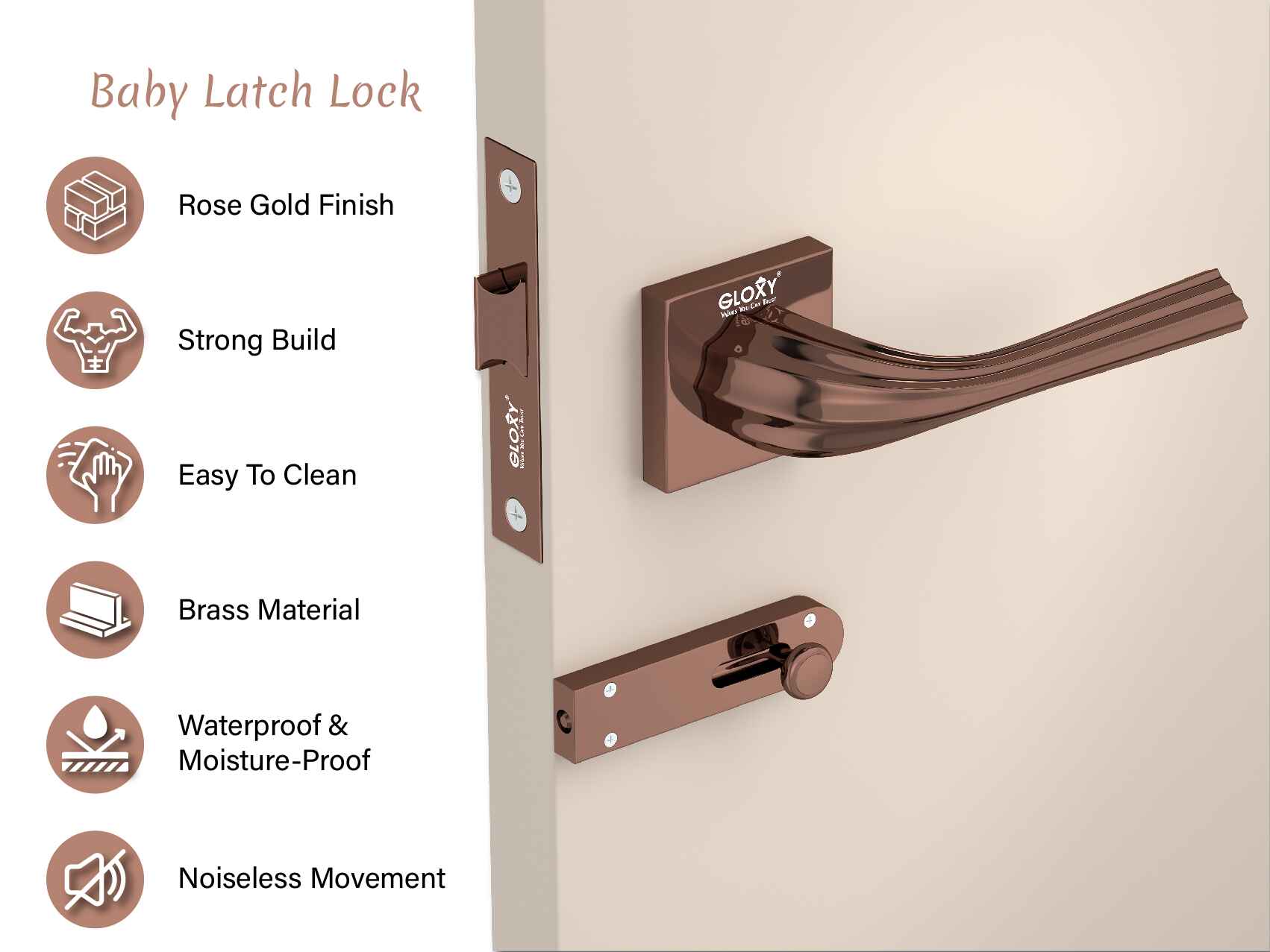 GLOXY Brass Door Locks for Bathroom Door Lock, Balcony Store Room Keyless Pull Handle Set with Brass Baby Latch for Storeroom, Bedroom | Rose Gold Finish (2 Years Warranty, Pack of 1)