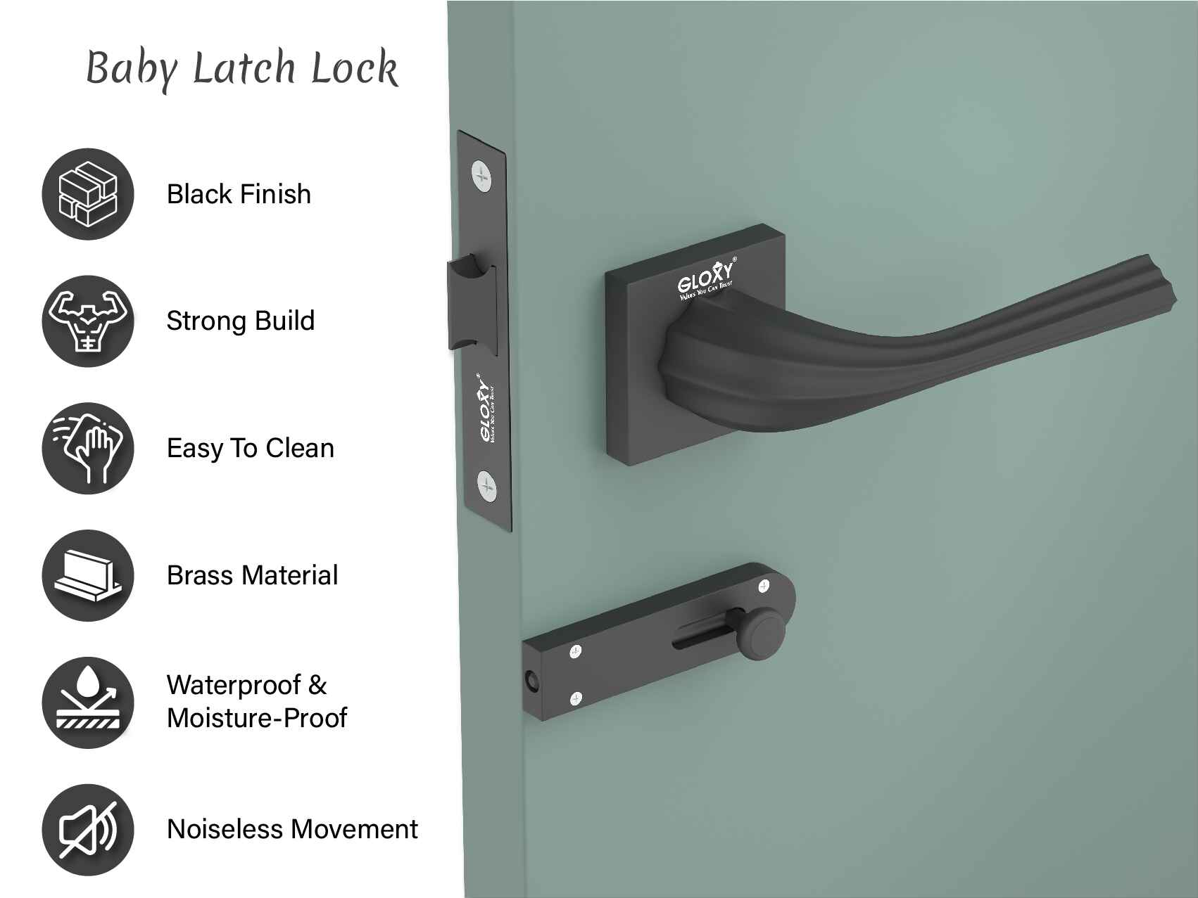 GLOXY Brass Heavy Duty Door Lock Bathroom Door Lock Mortise Keyless Handle Set for Home/Bathroom/Store Room/Balcony/Office with Baby Latch | Black Finish (2 Years Warranty, Pack of 1)