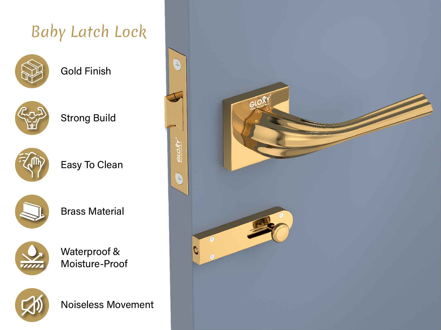 GLOXY Brass Door Locks for Bathroom Door Lock,Mortise Keyless Handle Set with Brass Baby Latch for Bathroom, Kitchen | Gold Finish (2 Years Warranty, Pack of 1)