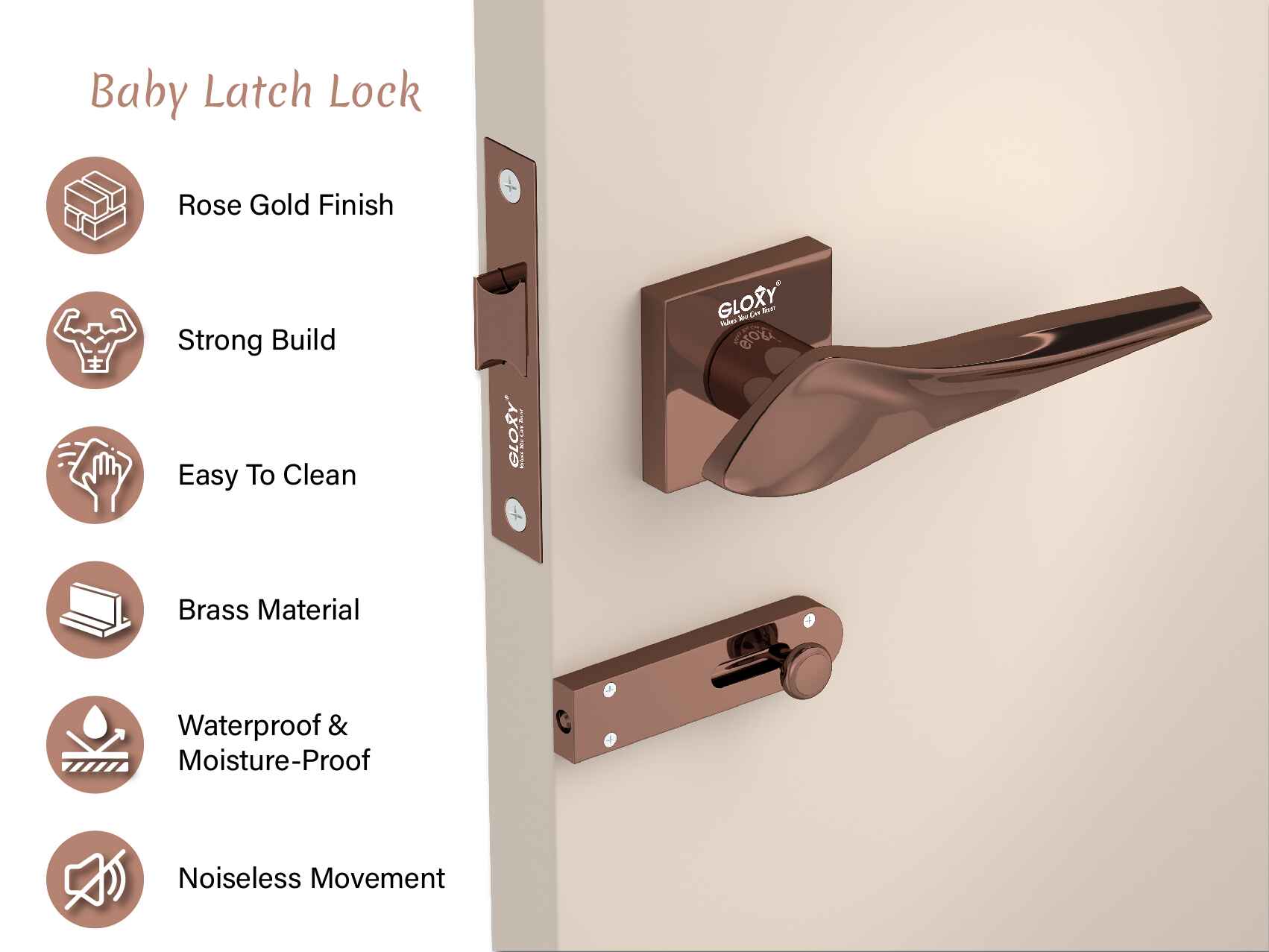 Gloxy Mortise Baby Latch Locks for Bathroom Door Lock, Balcony Store Room Door Lock, Mortise Keyless Handle Set with Brass Baby Latch for All Door| Rose Gold Finish (2 Years Warranty, Pack of 1)