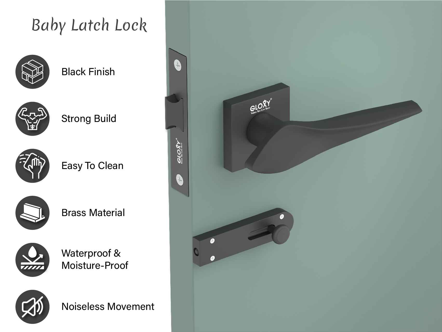 Gloxy Baby Latch Door Locks for Bathroom Door Lock, Balcony Mortise Keyless Pull Handle Set with Brass Baby Latch for Home, Kitchen | Black Finish (2 Years Warranty, Pack of 1)