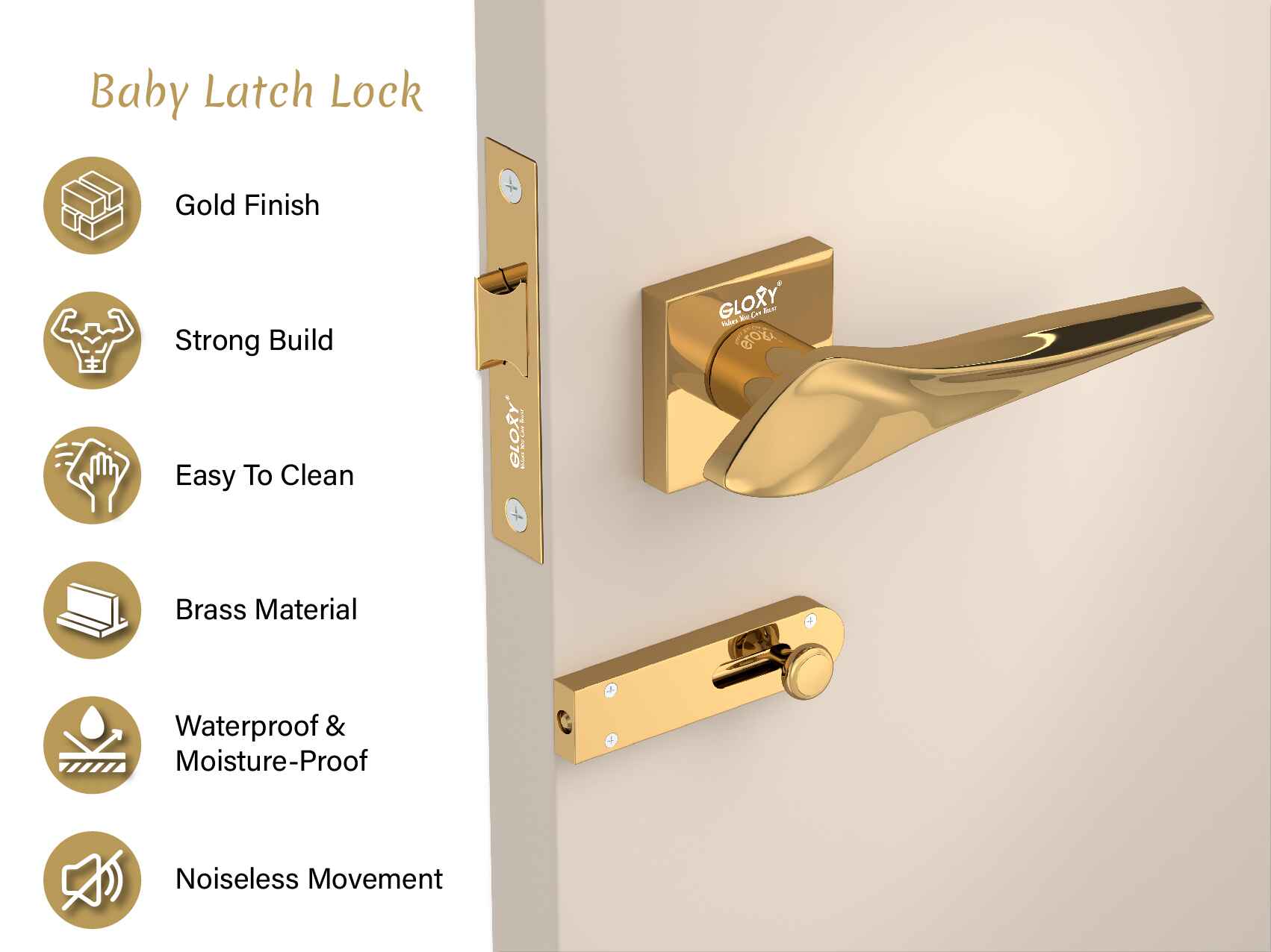 Gloxy Mortise Baby Latch Locks for Bathroom Door Lock, Balcony Store Room Door Lock, Mortise Keyless Handle Set with Brass Baby Latch for All Door| Gold Finish (2 Years Warranty, Pack of 1)