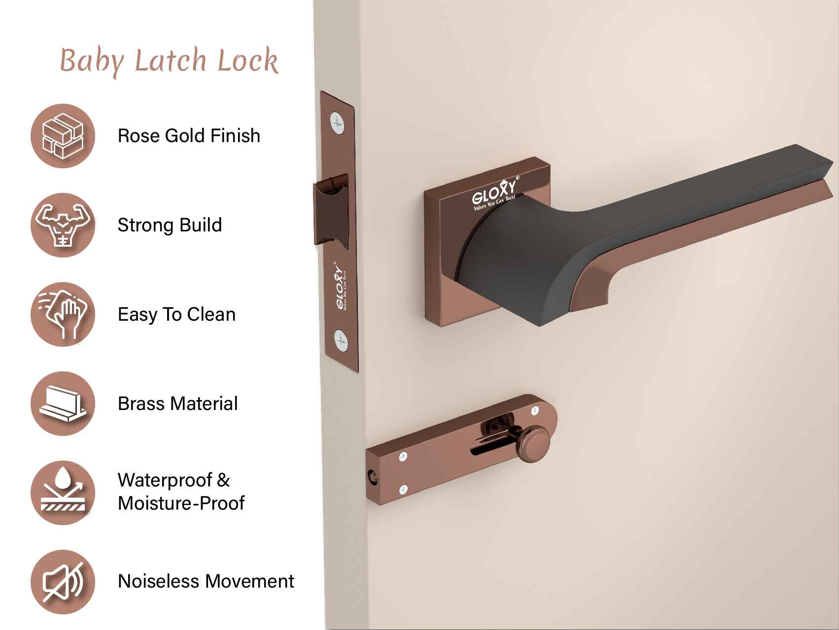 GLOXY Brass Door Lock for Balcony Store Room Door Lock, Mortise Keyless Handle Set with Brass Baby Latch for Home,Office,Hotel | Rose Gold & Black Finish (2 Years Warranty, Pack of 1)