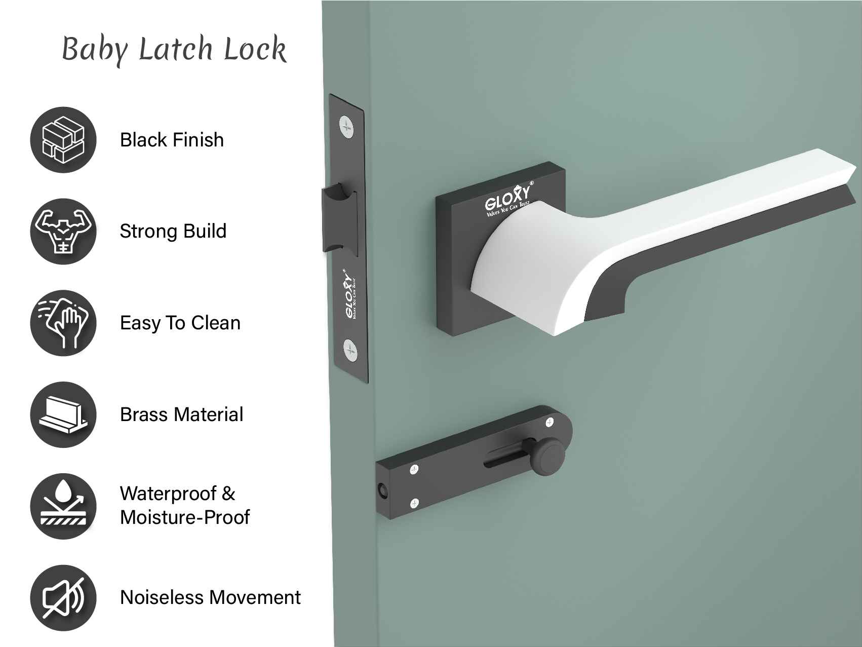 GLOXY Brass Door Lock for Balcony Store Room Door Lock, Mortise Keyless Handle Set with Brass Baby Latch for Home,Office,Hotel | Black & White Finish (2 Years Warranty, Pack of 1)