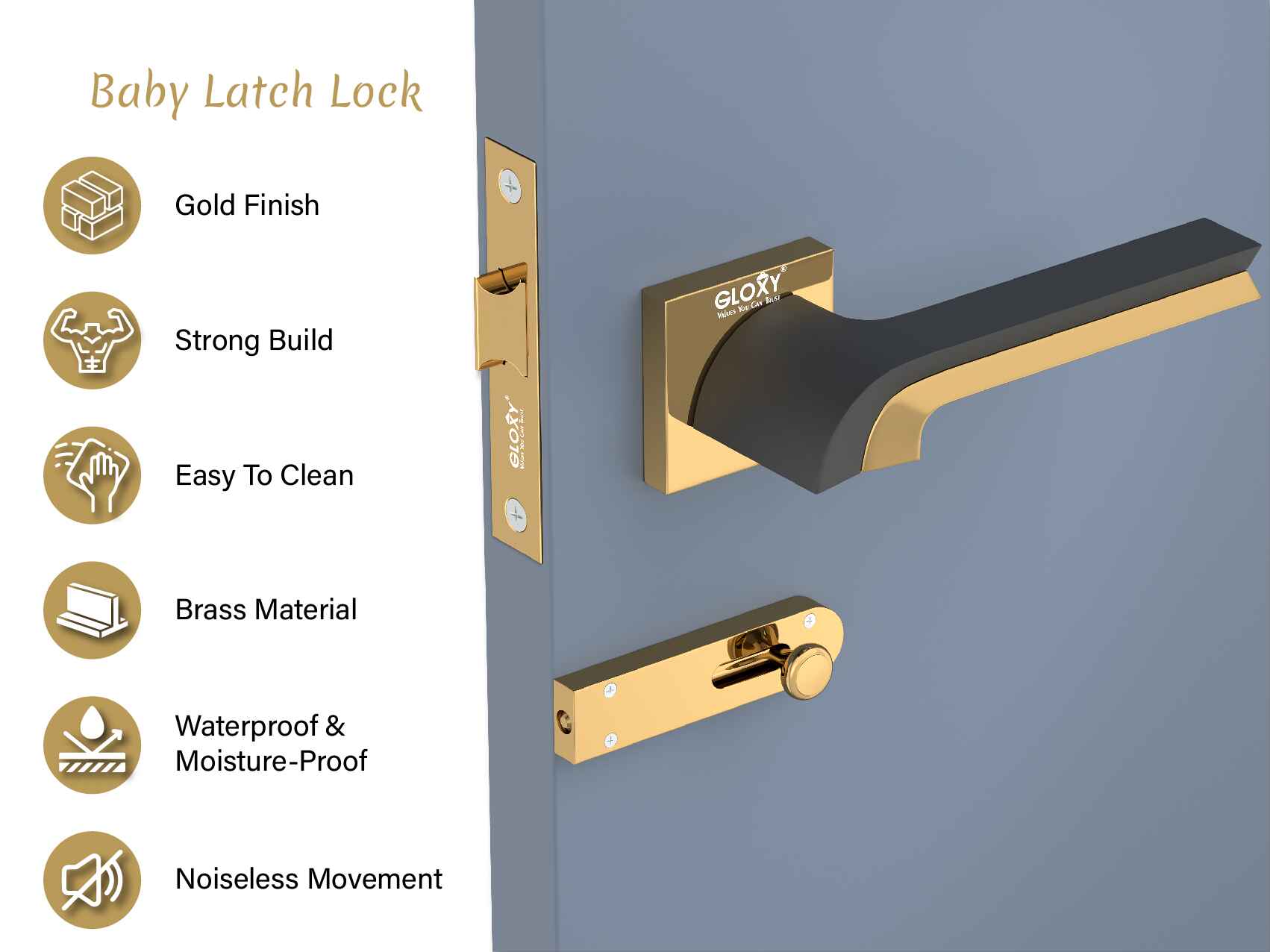 GLOXY Brass Door Lock for Balcony Store Room Door Lock, Mortise Keyless Handle Set with Brass Baby Latch for Home,Office,Hotel | Gold & Black Finish (2 Years Warranty, Pack of 1)