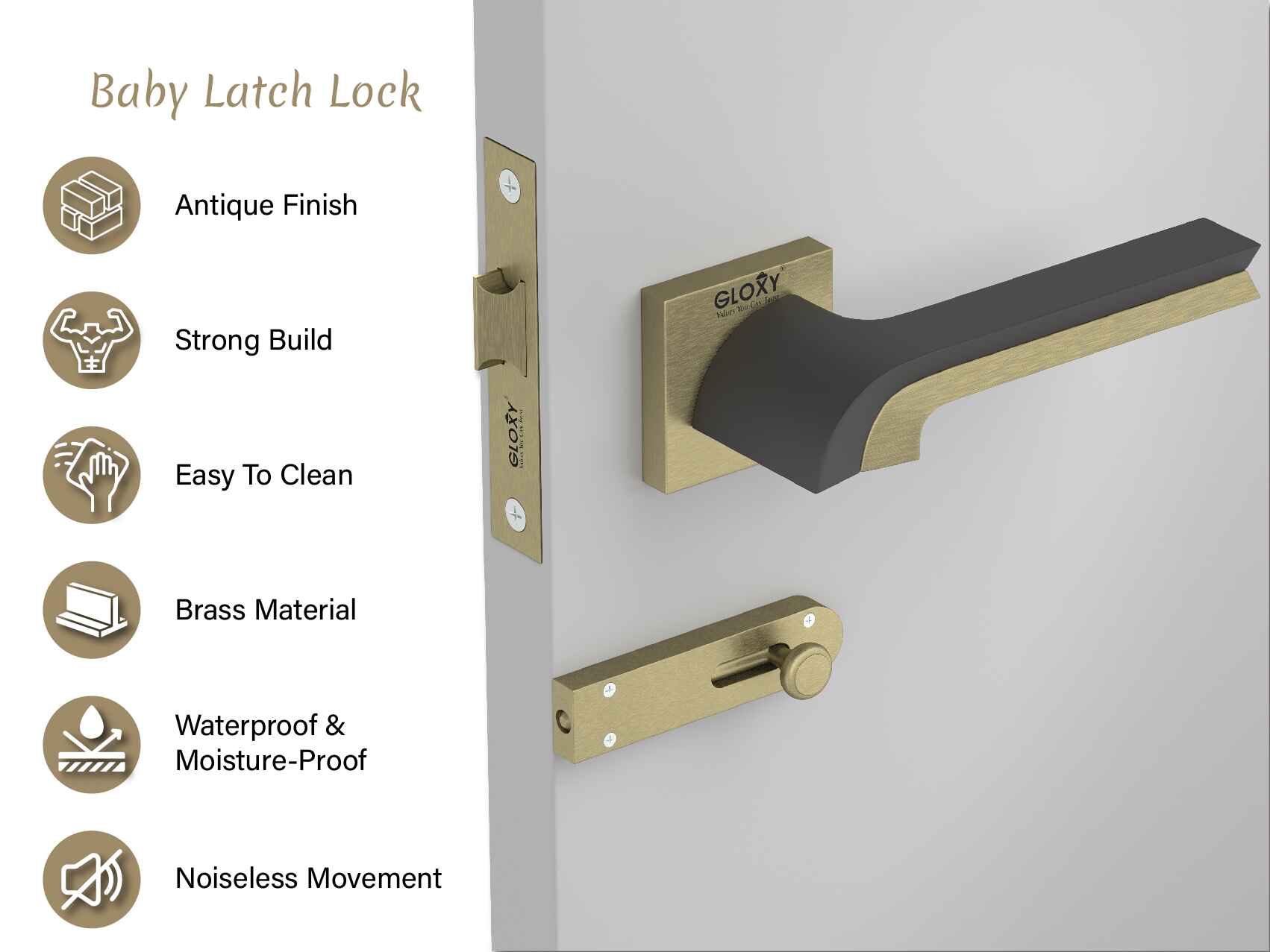 GLOXY Brass Door Lock for Balcony Store Room Door Lock, Mortise Keyless Handle Set with Brass Baby Latch for Home,Office,Hotel | Antique & Black Finish (2 Years Warranty, Pack of 1)