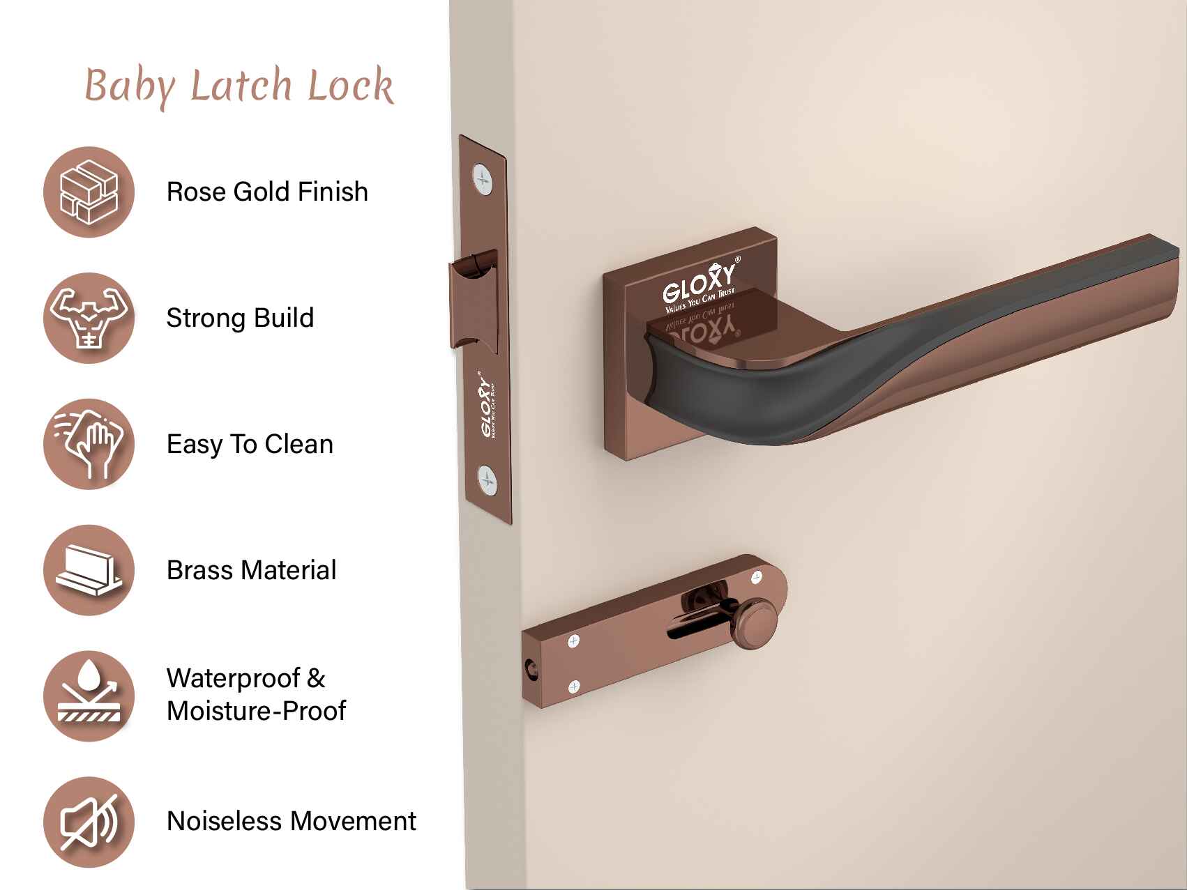 GLOXY Brass Door Lock for Balcony Store Room Door Lock, Mortise Keyless Handle Set with Brass Baby Latch for Home,Office,Hotel | Rose Gold & Black Finish (2 Years Warranty, Pack of 1)