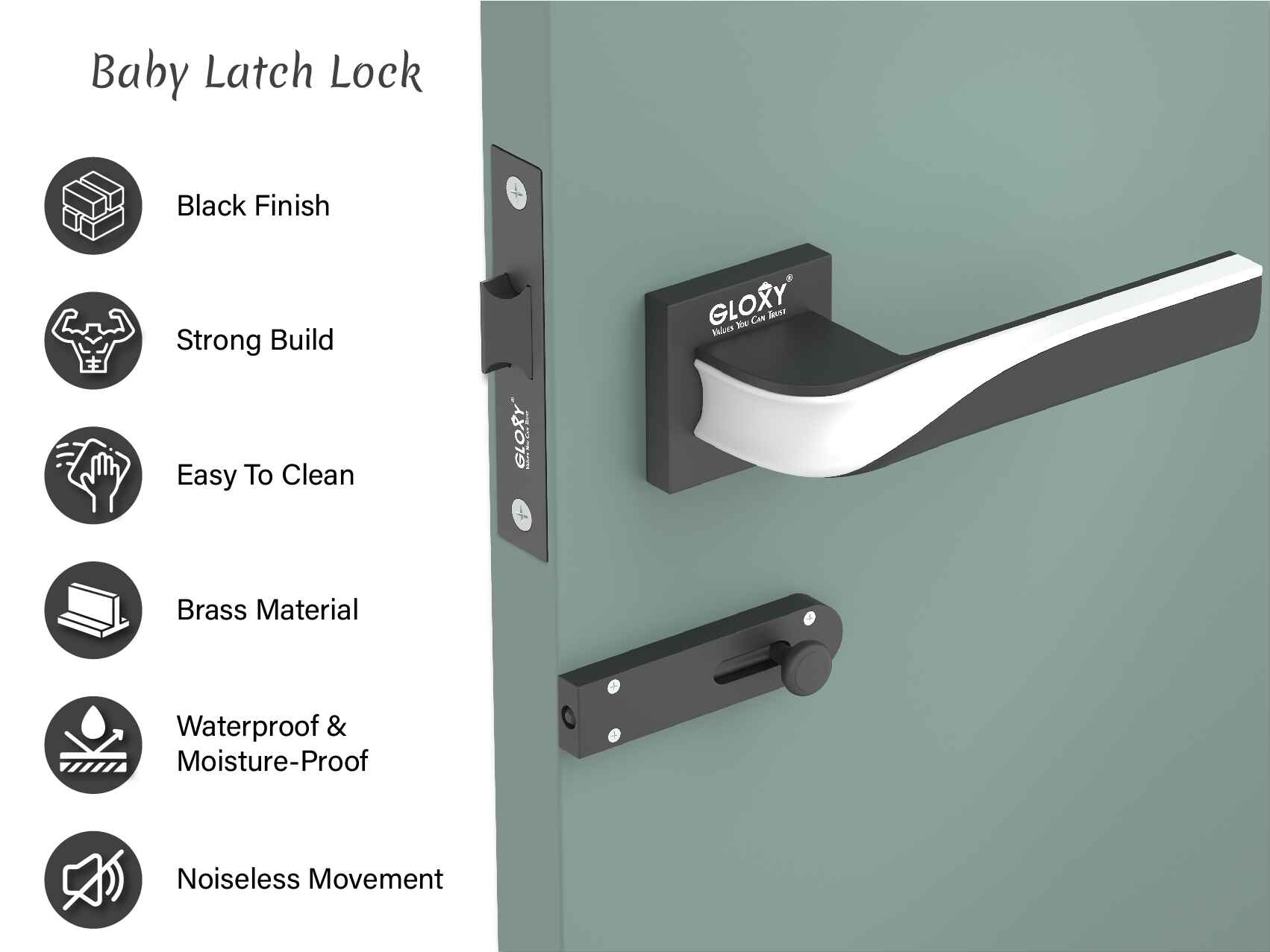 GLOXY Brass Door Lock for Balcony Store Room Door Lock, Mortise Keyless Handle Set with Brass Baby Latch for Home,Office,Hotel |Black & White Finish (2 Years Warranty, Pack of 1)